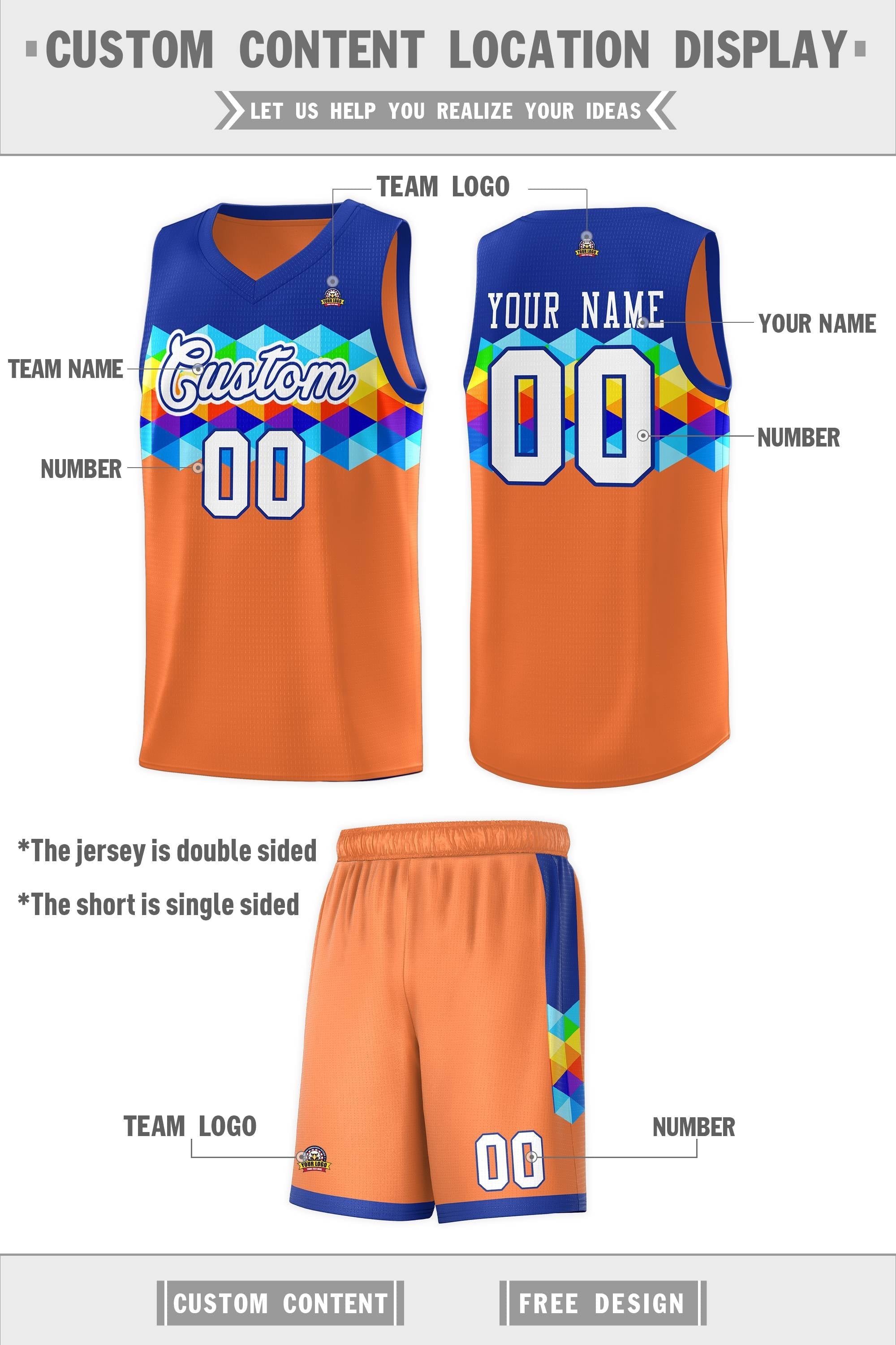 Custom Royal Orange-White Personalized Colorful Basketball Jersey Kits