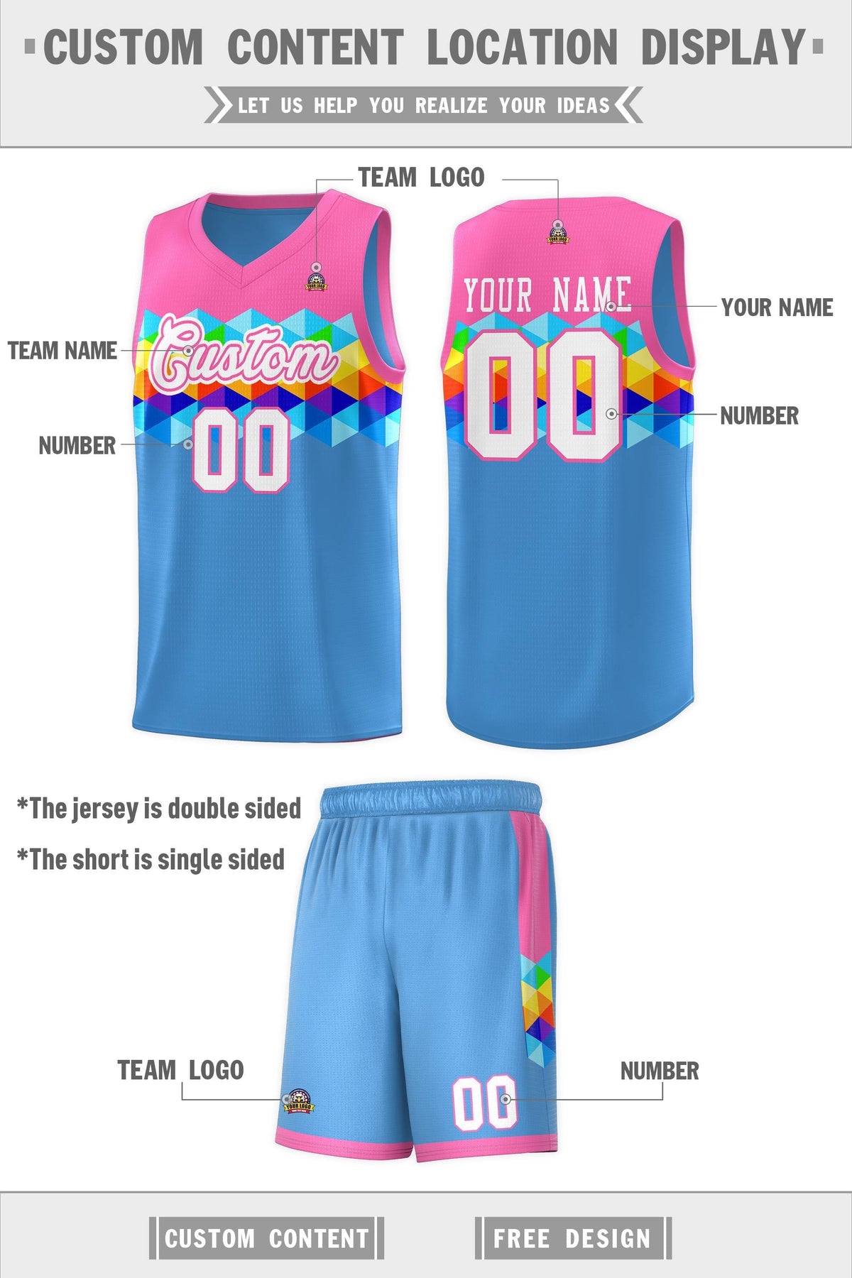 Custom Pink Powder Blue-White Personalized Colorful Basketball Jersey Kits