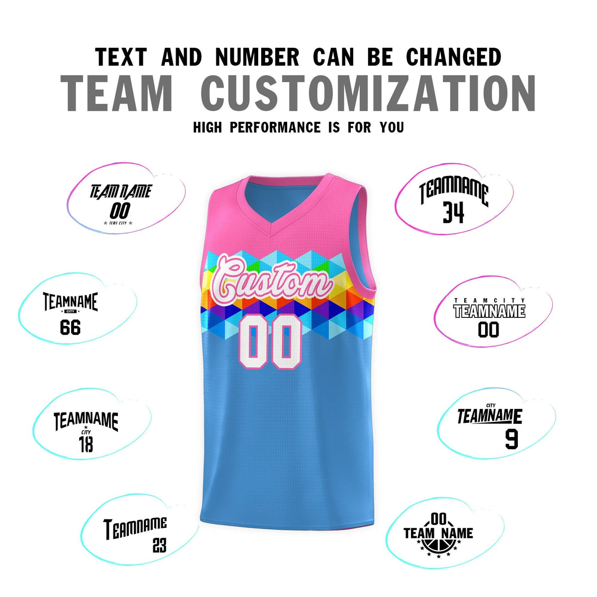 Custom Pink Powder Blue-White Personalized Colorful Basketball Jersey Kits
