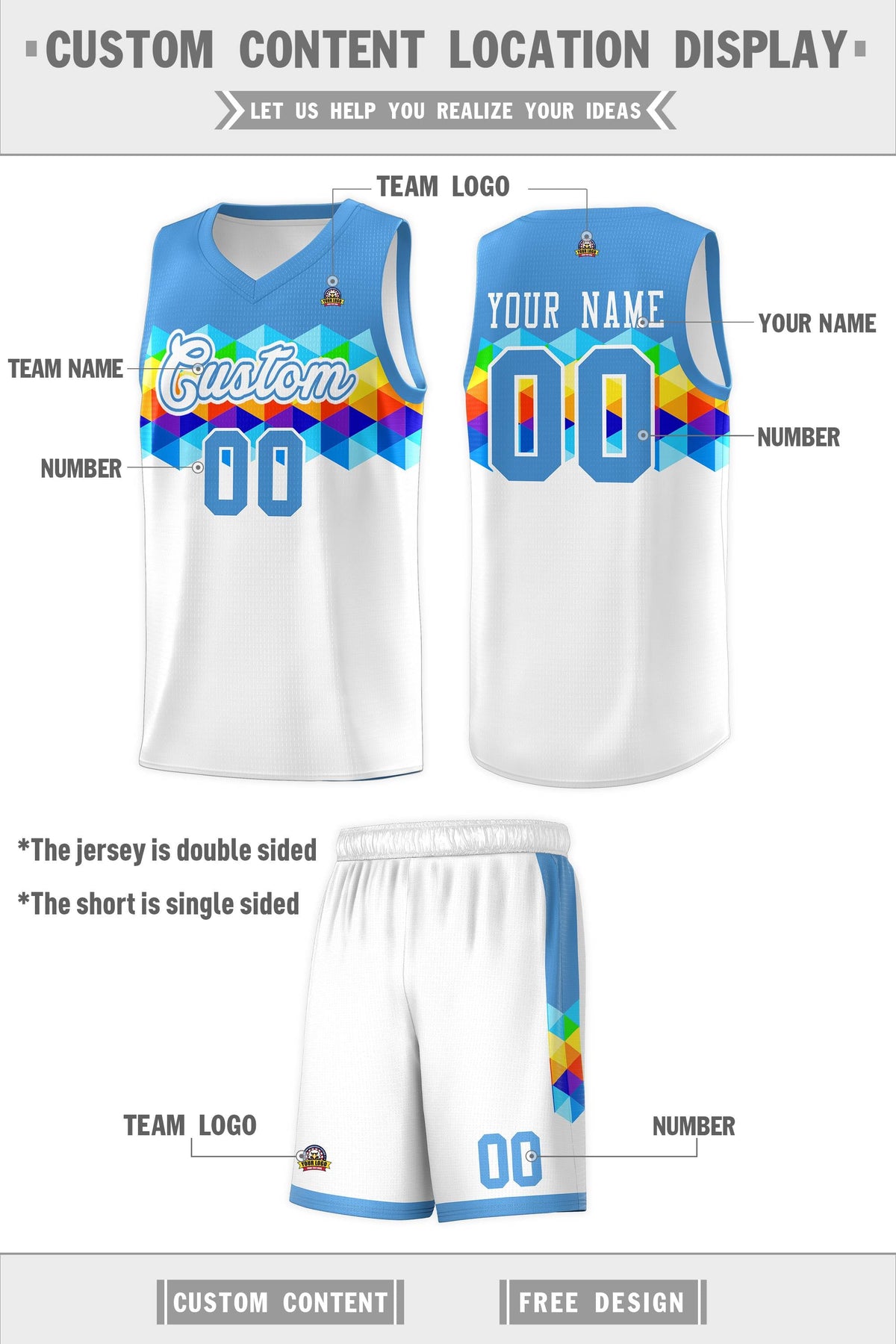 Custom Powder Blue White Personalized Colorful Basketball Jersey Kits