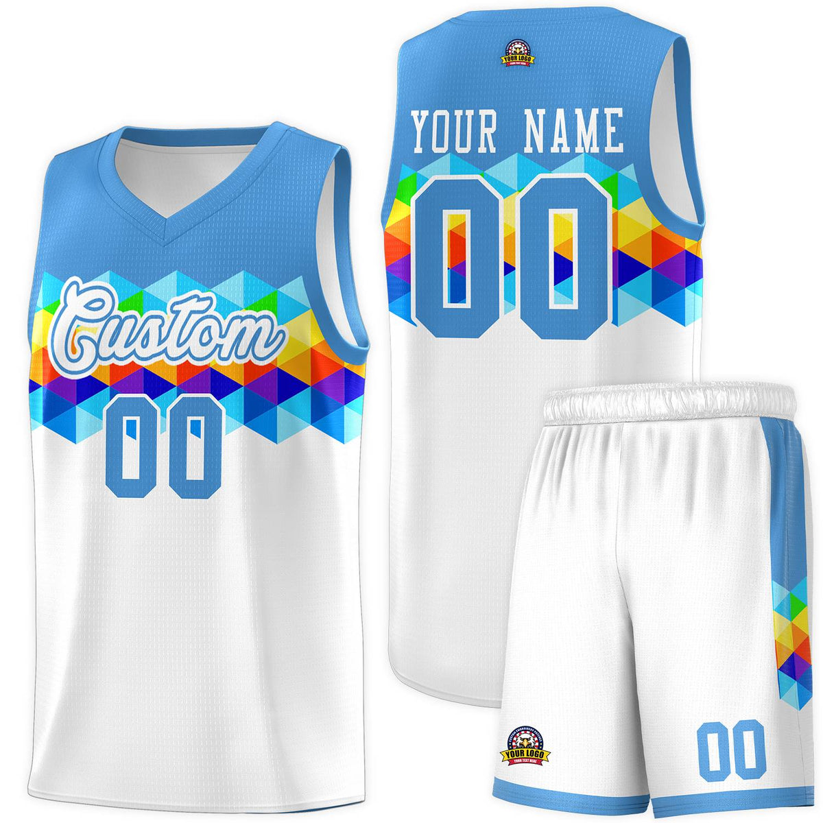 Custom Powder Blue White Personalized Colorful Basketball Jersey Kits