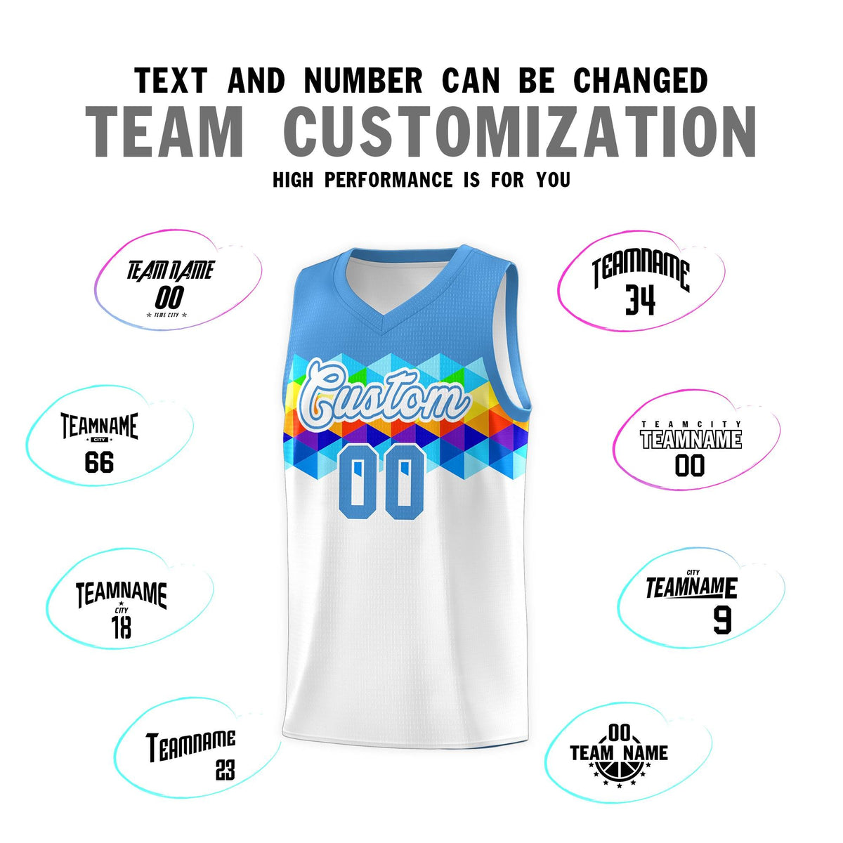 Custom Powder Blue White Personalized Colorful Basketball Jersey Kits