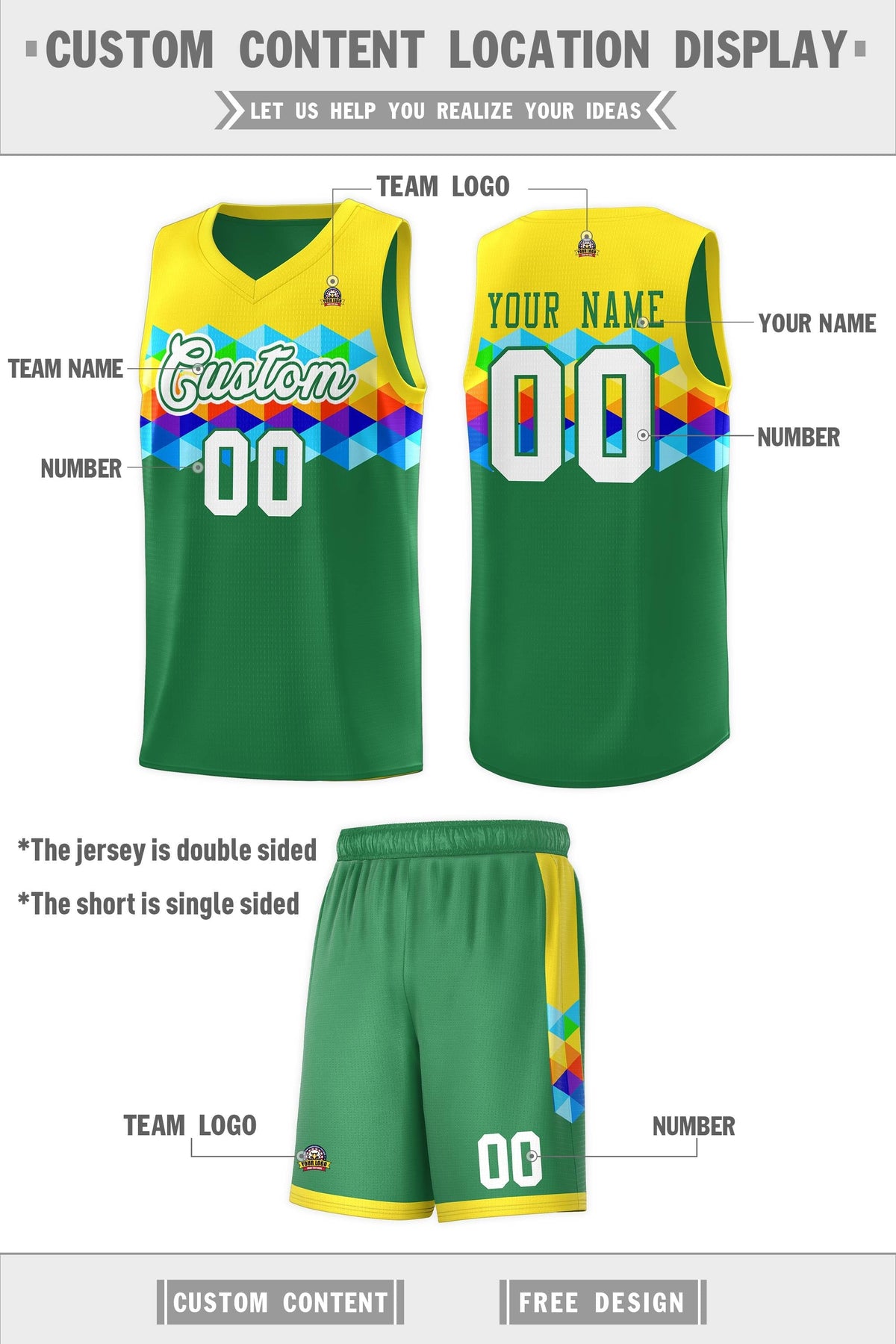 Custom Gold Kelly Green-White Personalized Colorful Basketball Jersey Kits