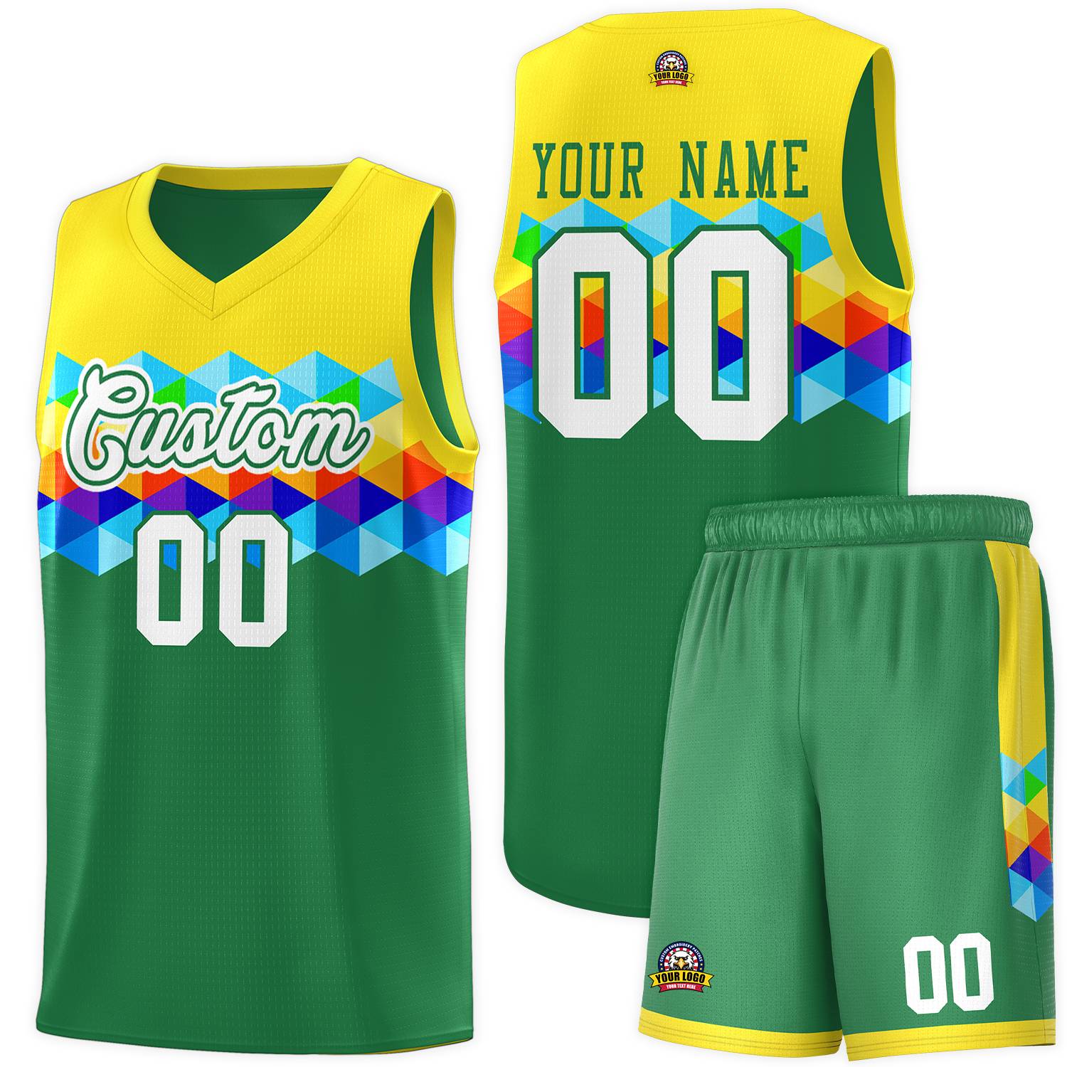 Custom Gold Kelly Green-White Personalized Colorful Basketball Jersey Kits