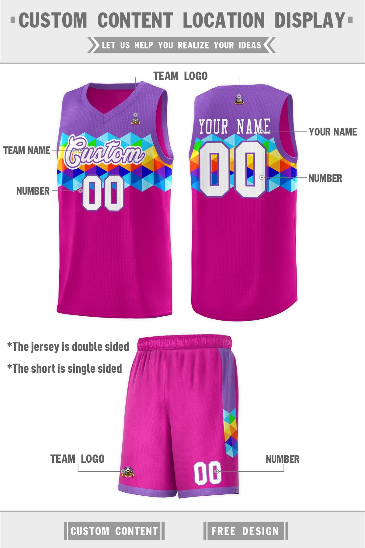 Custom Purple Rose Pink-White Personalized Colorful Basketball Jersey Kits