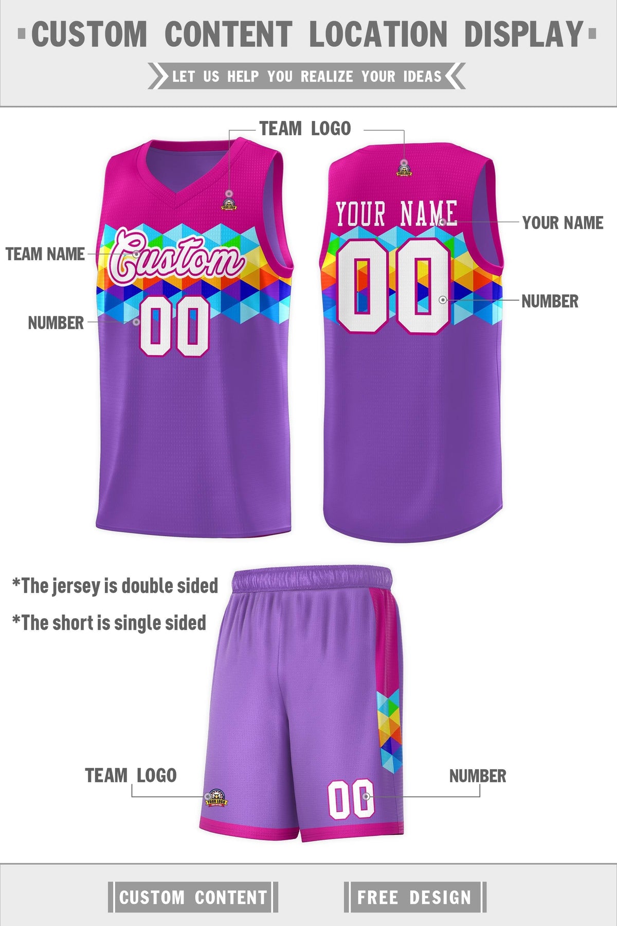 Custom Rose Pink Purple-White Personalized Colorful Basketball Jersey Kits