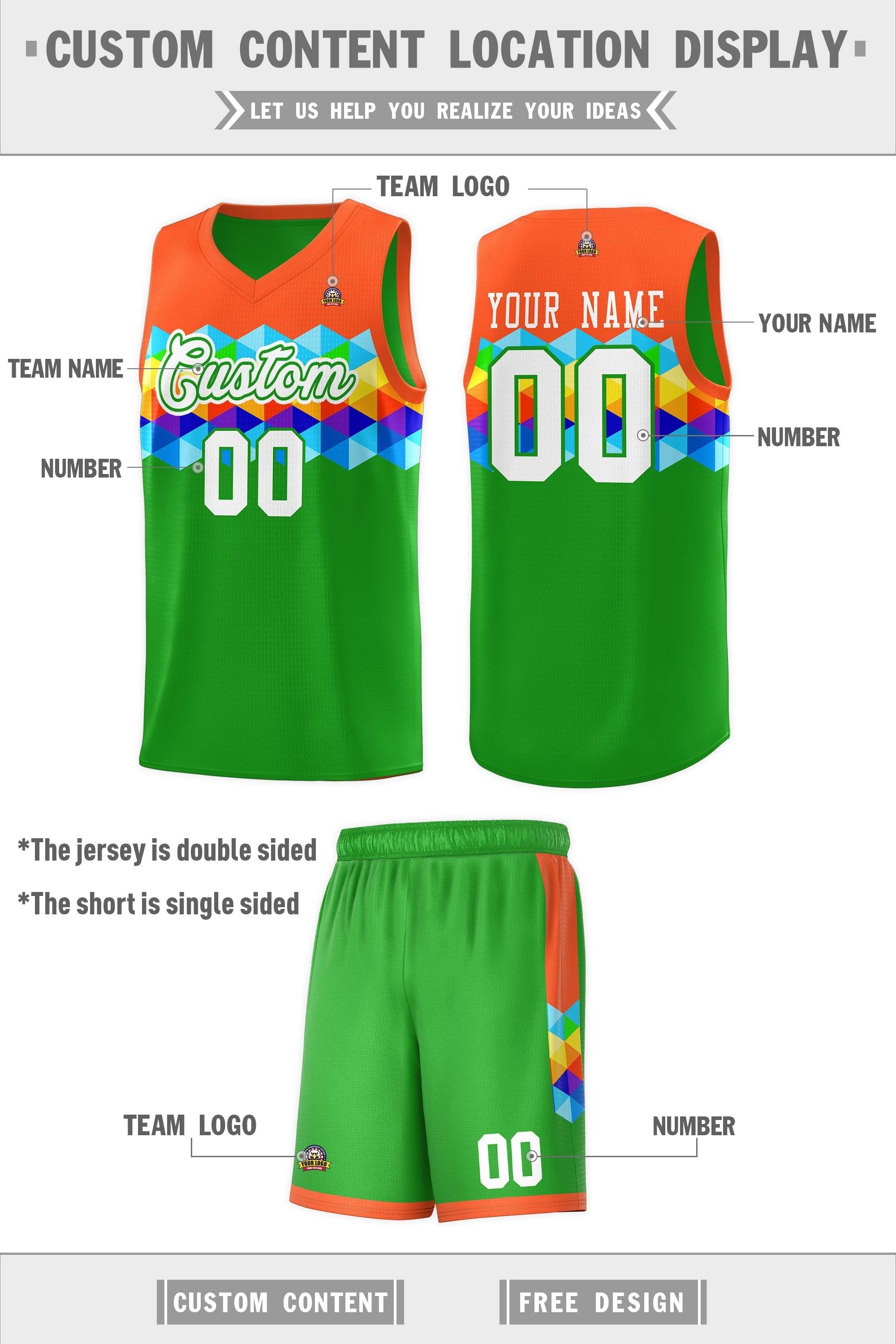 Custom Orange Green-White Personalized Colorful Basketball Jersey Kits
