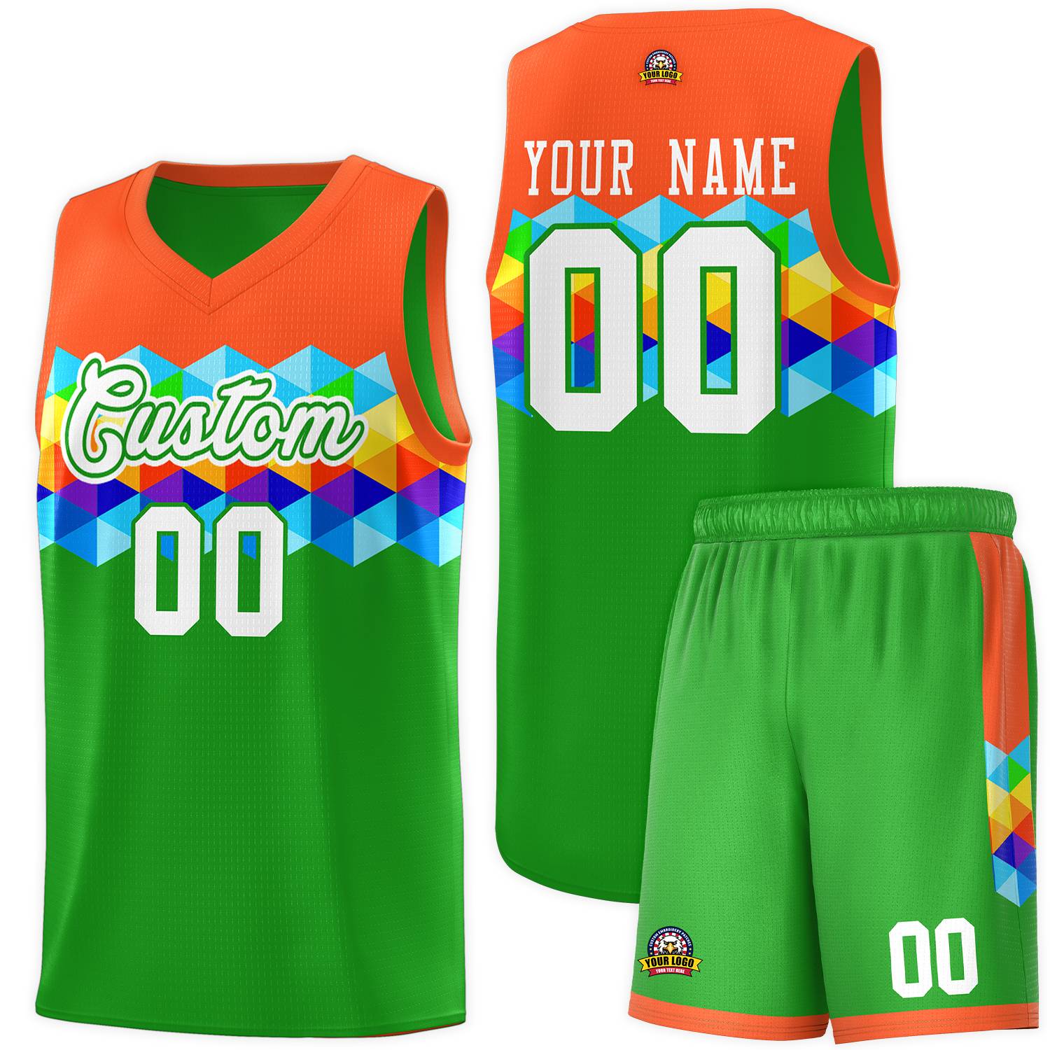 Custom Orange Green-White Personalized Colorful Basketball Jersey Kits