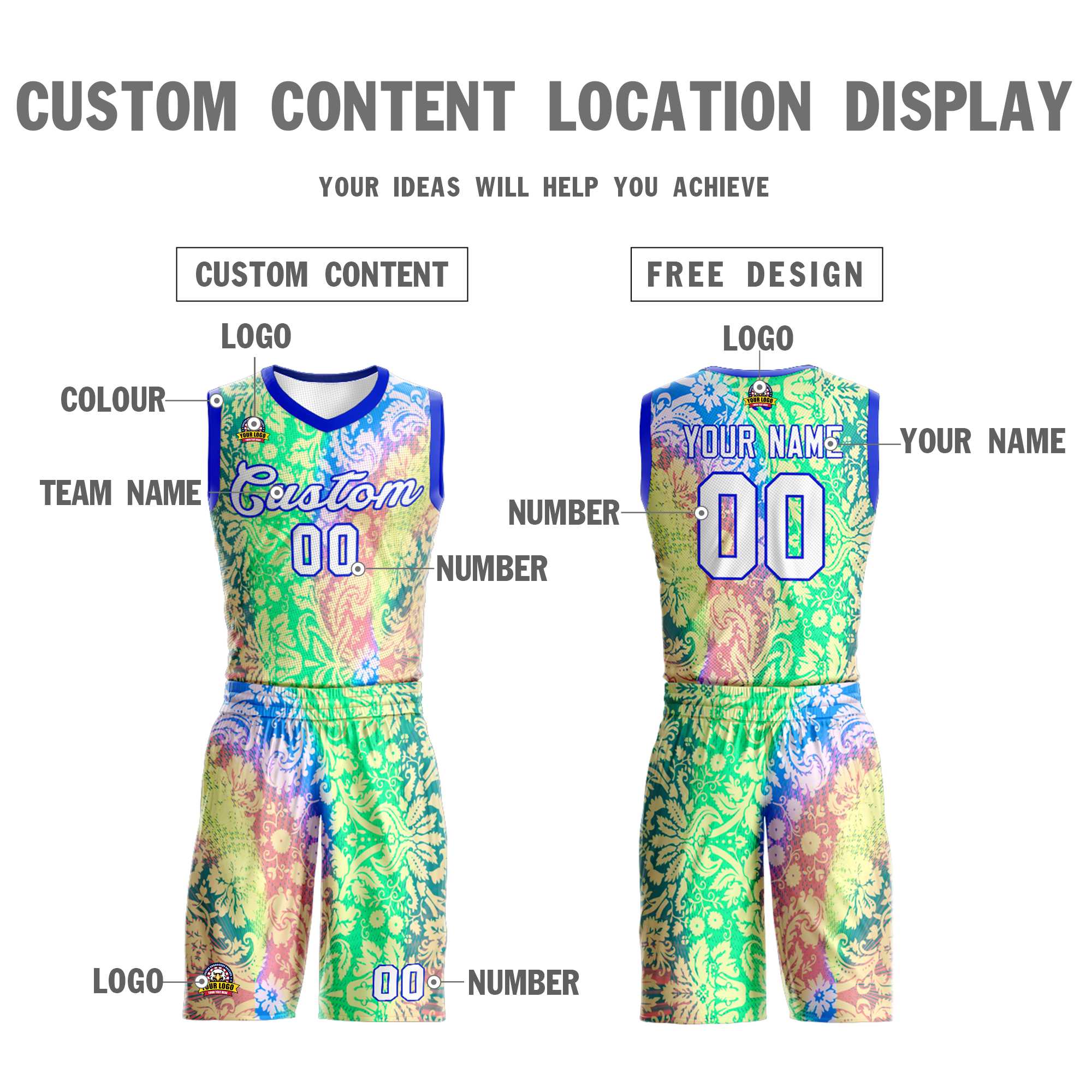 Custom Green White-Royal Graffiti Pattern Kits Mesh Basketball Jersey