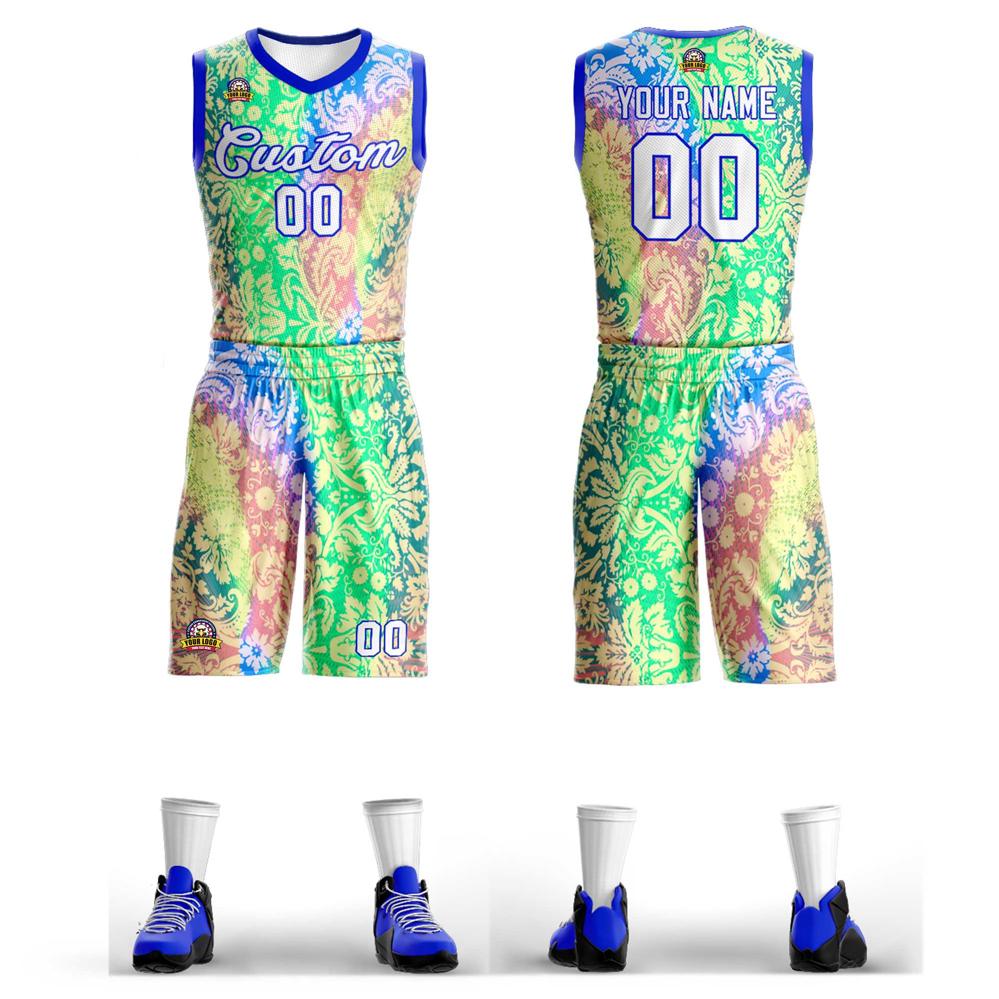 Custom Green White-Royal Graffiti Pattern Kits Mesh Basketball Jersey