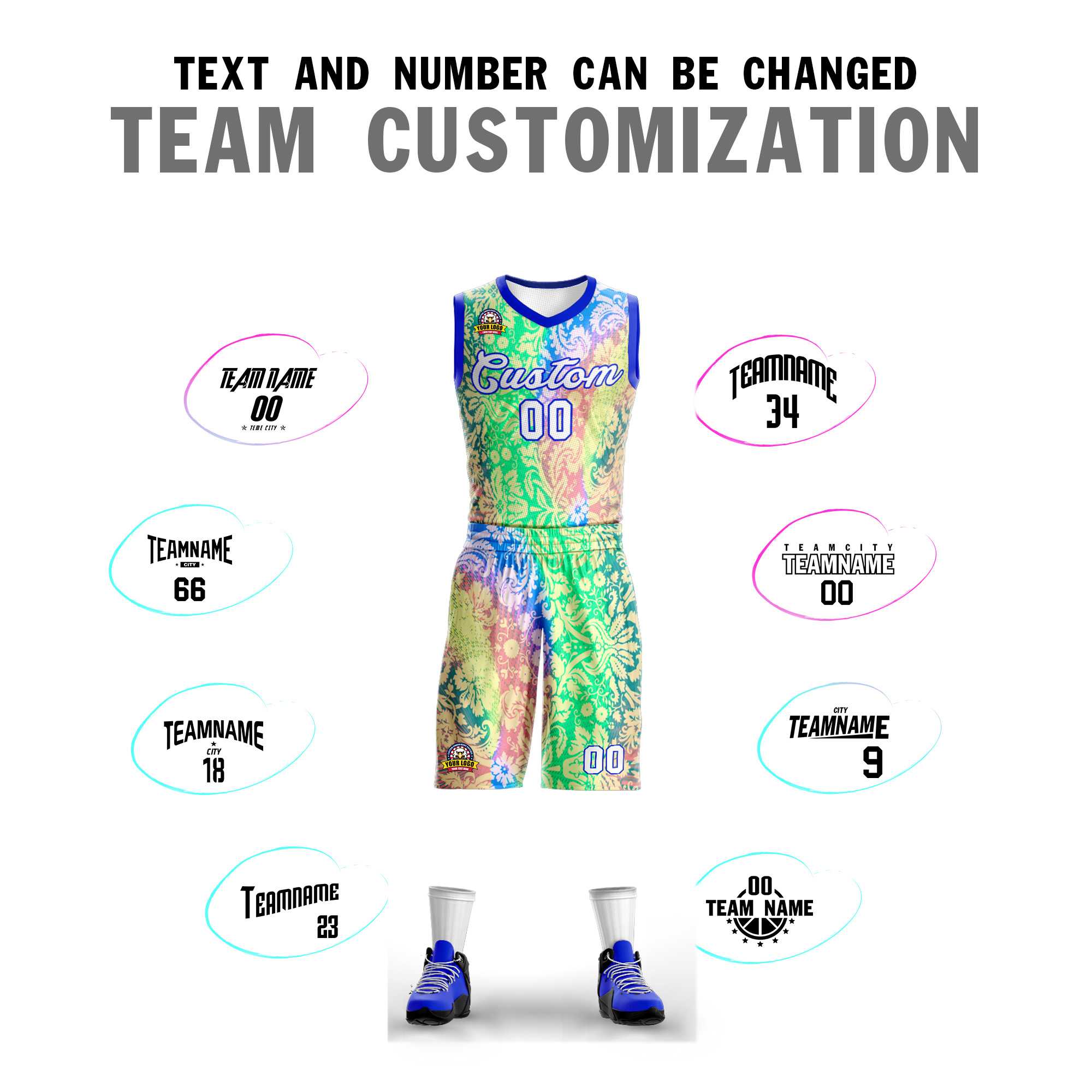 Custom Green White-Royal Graffiti Pattern Kits Mesh Basketball Jersey