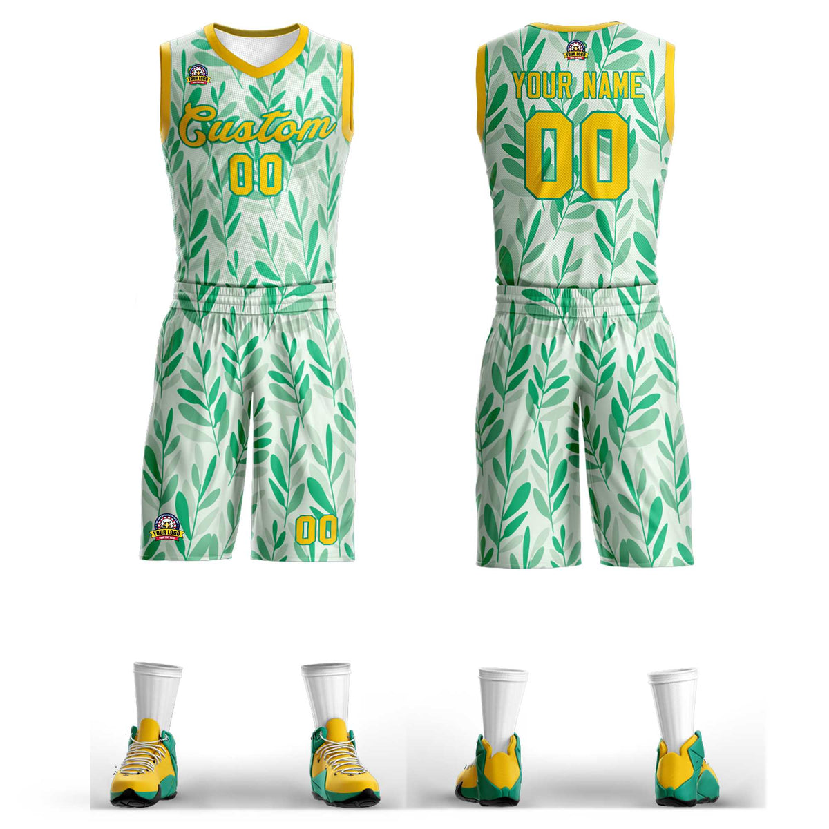 Custom Green Yellow-Yellow Graffiti Pattern Kits Mesh Basketball Jersey