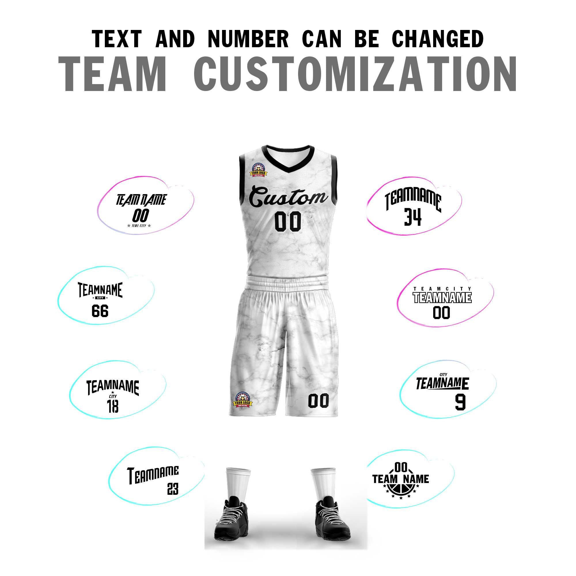 Custom White Black-White Graffiti Pattern Kits Mesh Basketball Jersey