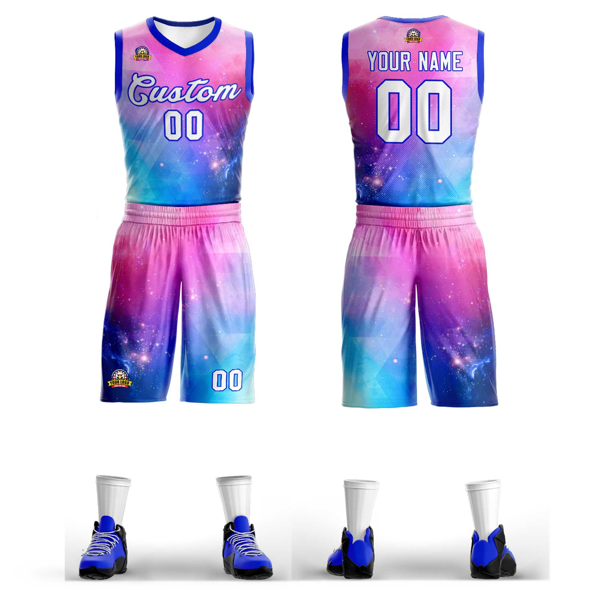 Custom Pink White-Royal Graffiti Pattern Kits Mesh Basketball Jersey