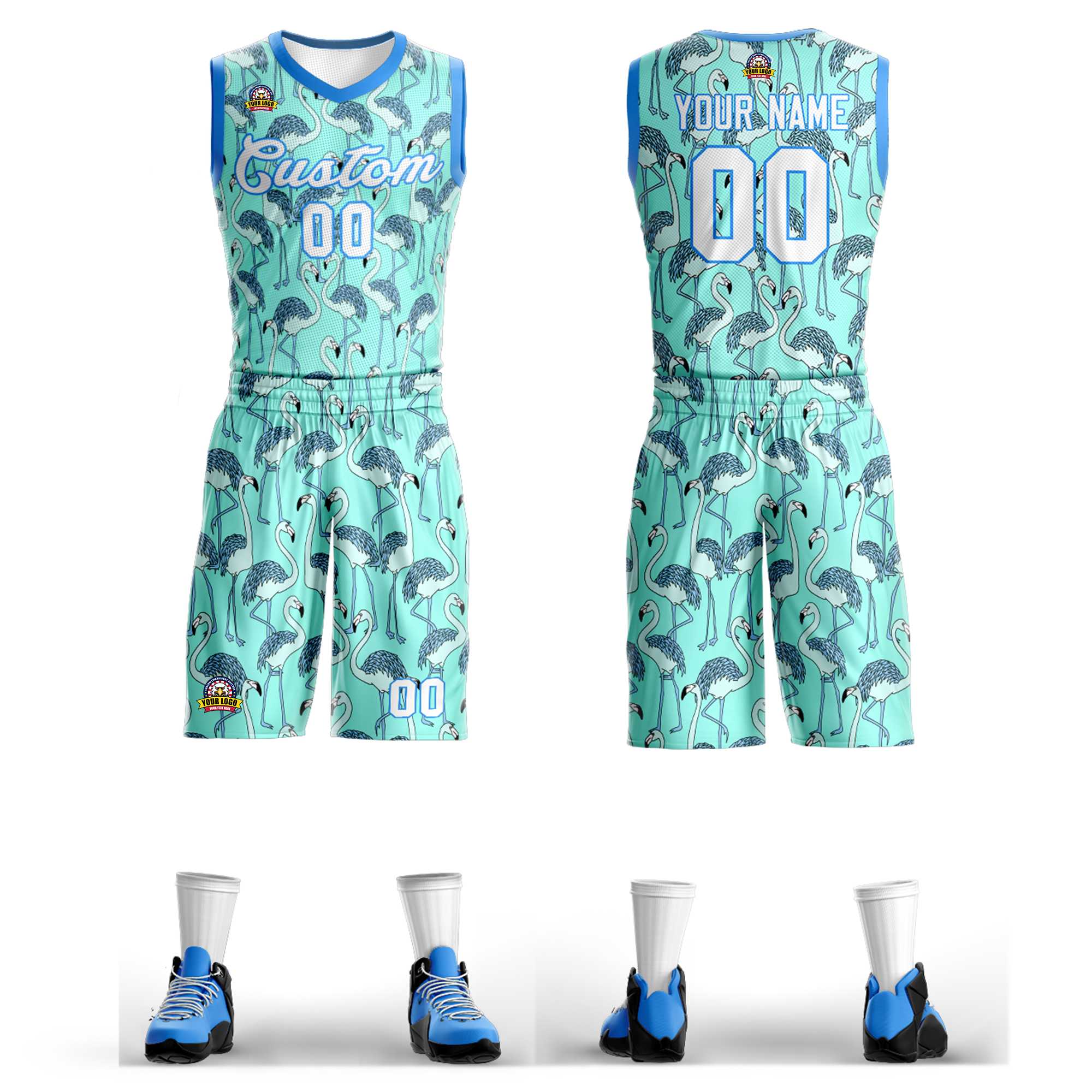 Custom Green White-Powder Blue Graffiti Pattern Kits Mesh Basketball Jersey