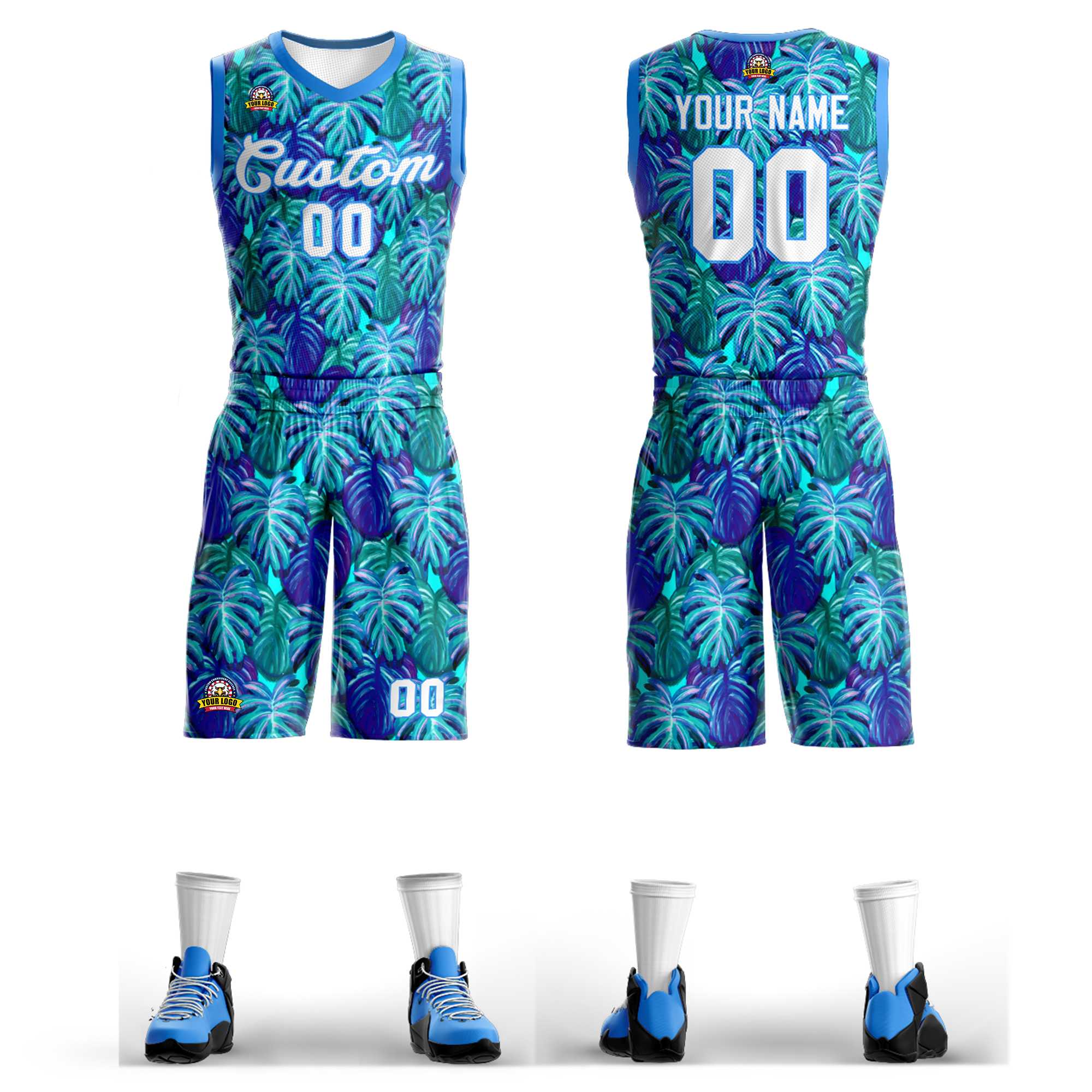 Custom Blue White-Powder Blue Graffiti Pattern Kits Mesh Basketball Jersey