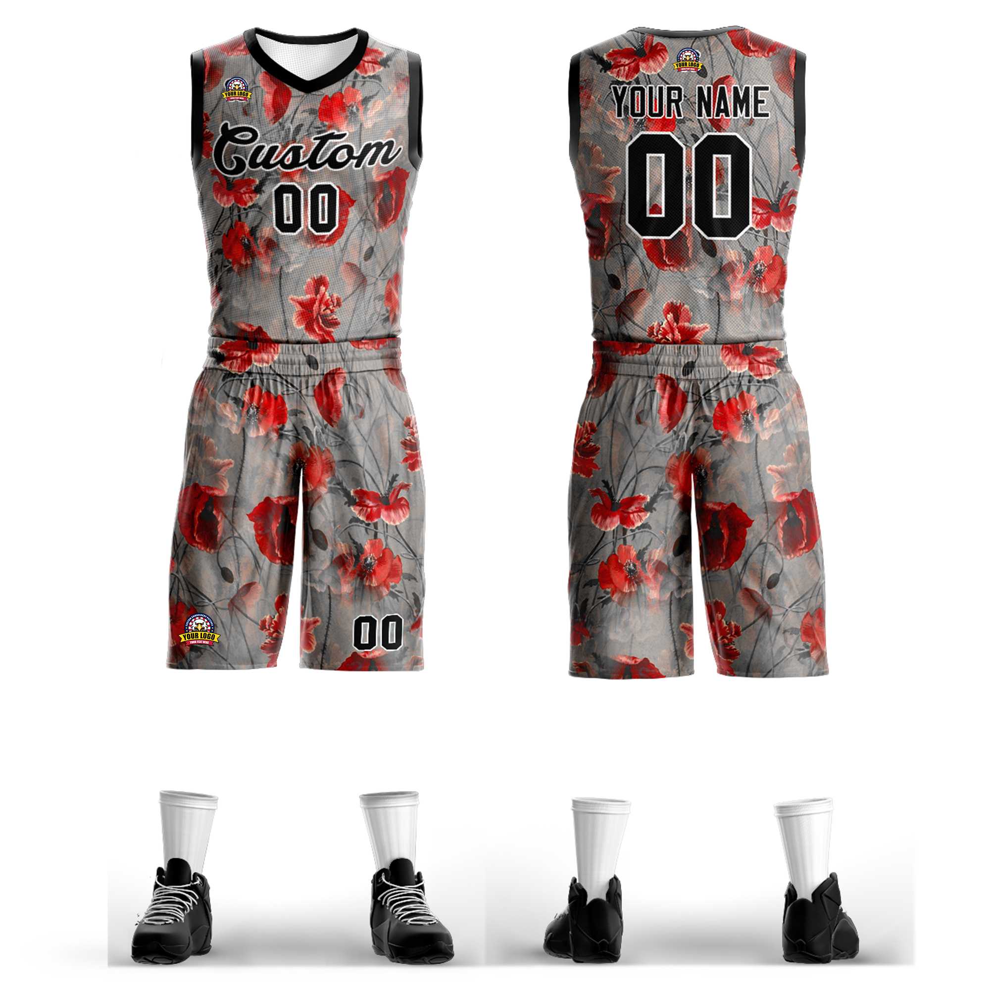 Custom Gray Black-White Graffiti Pattern Kits Mesh Basketball Jersey