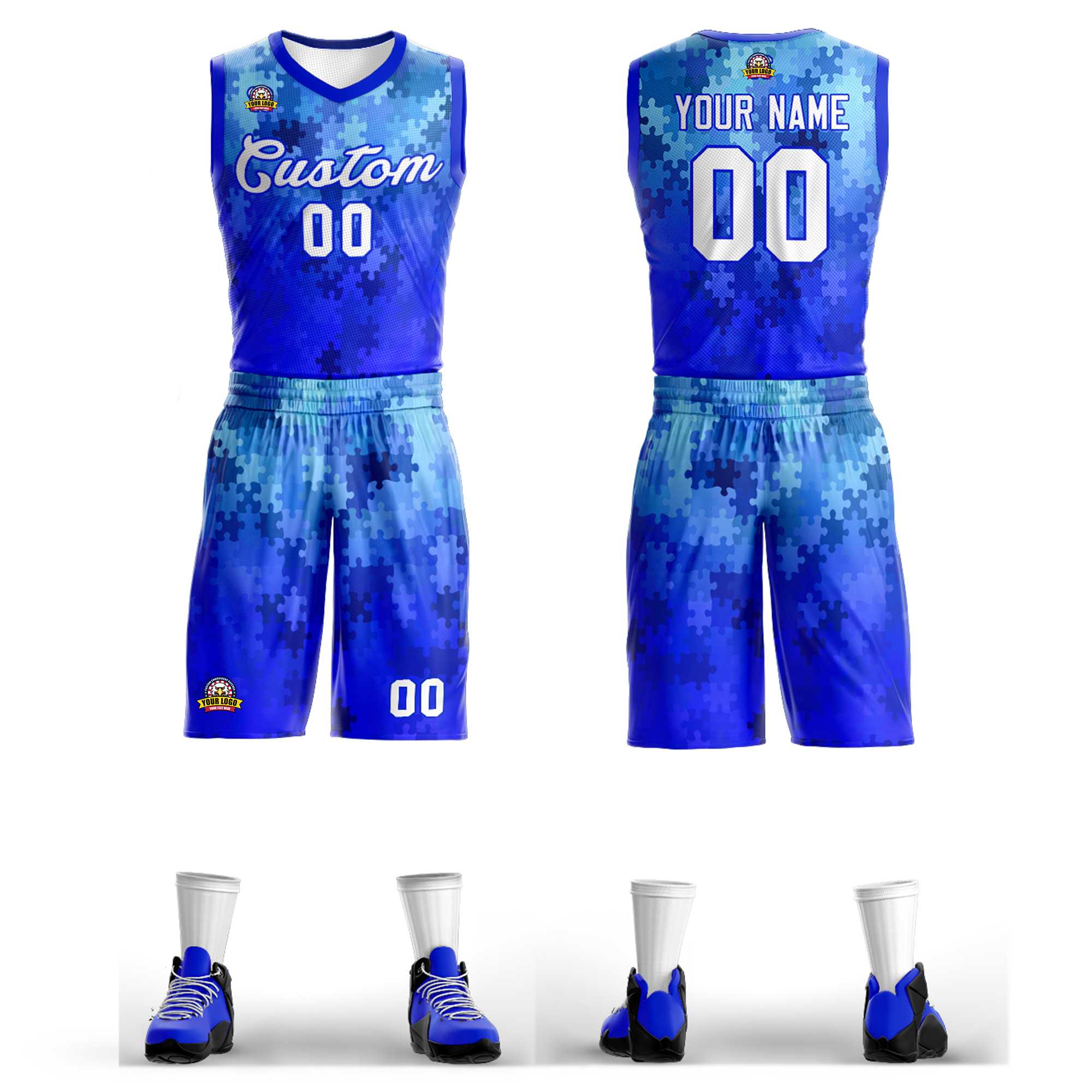 Custom Royal White-Royal Graffiti Pattern Kits Mesh Basketball Jersey