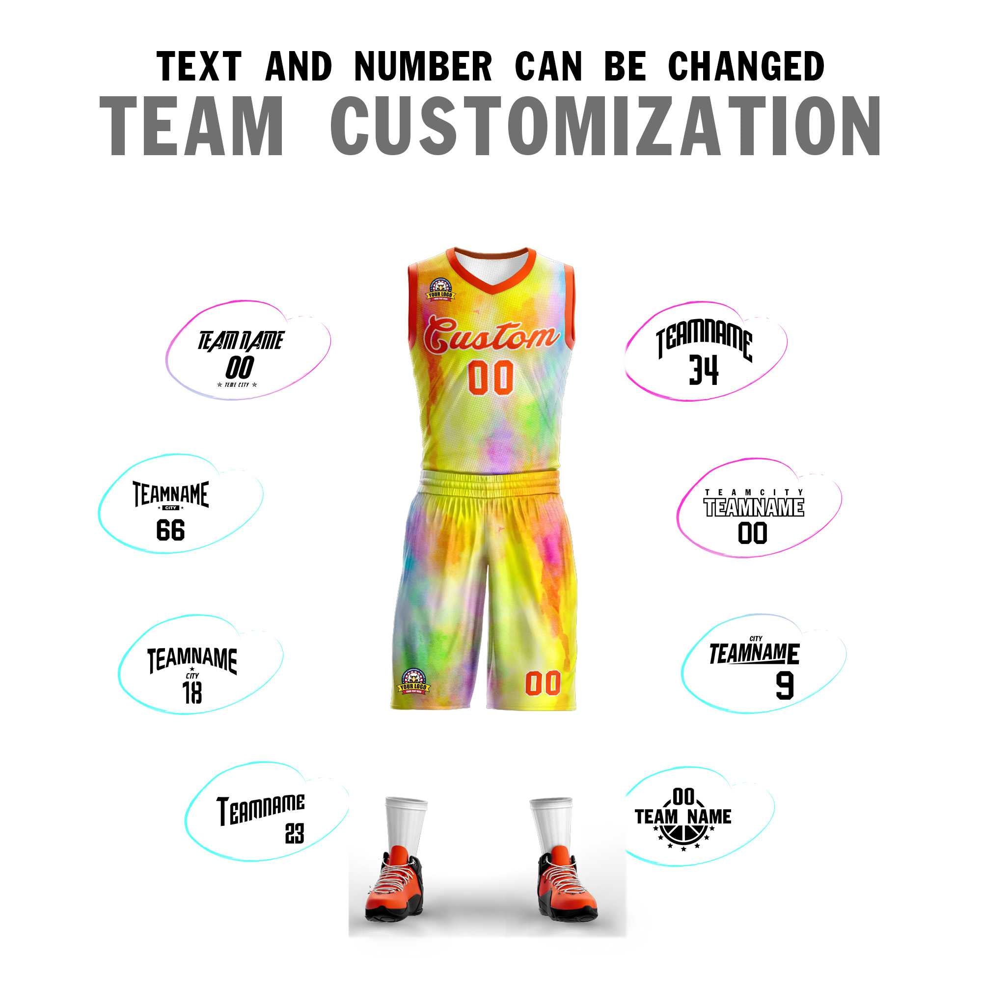 Custom Yellow Orange-White Graffiti Pattern Kits Mesh Basketball Jersey