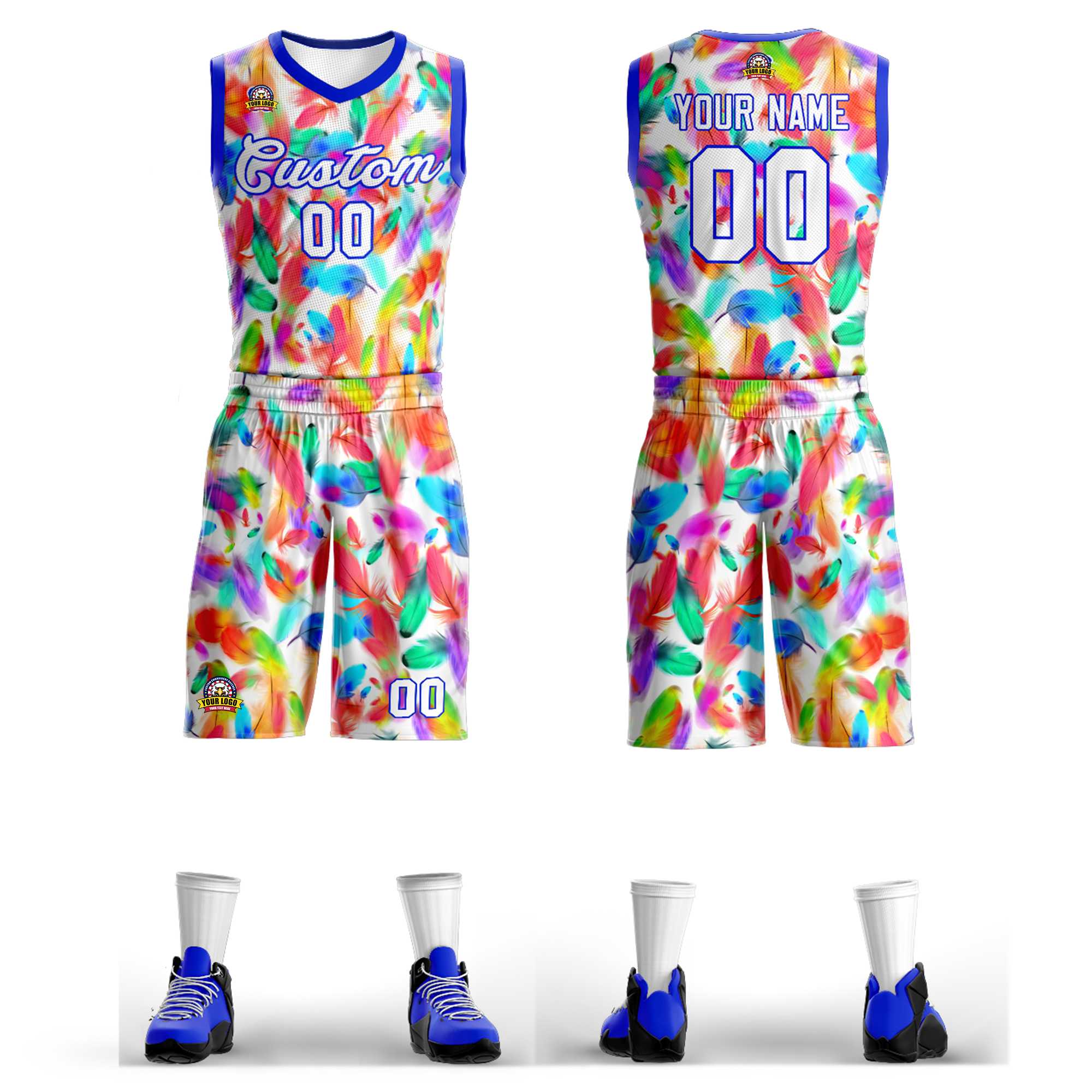 Custom White White-Royal Graffiti Pattern Kits Mesh Basketball Jersey