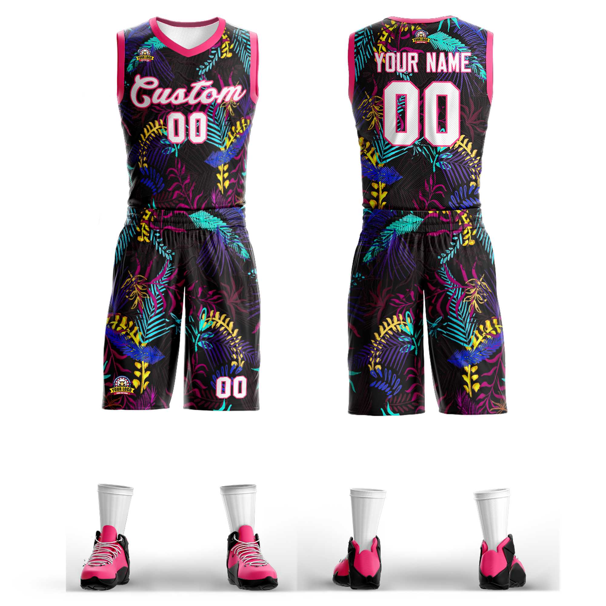 Custom Black White-Pink Graffiti Pattern Kits Mesh Basketball Jersey