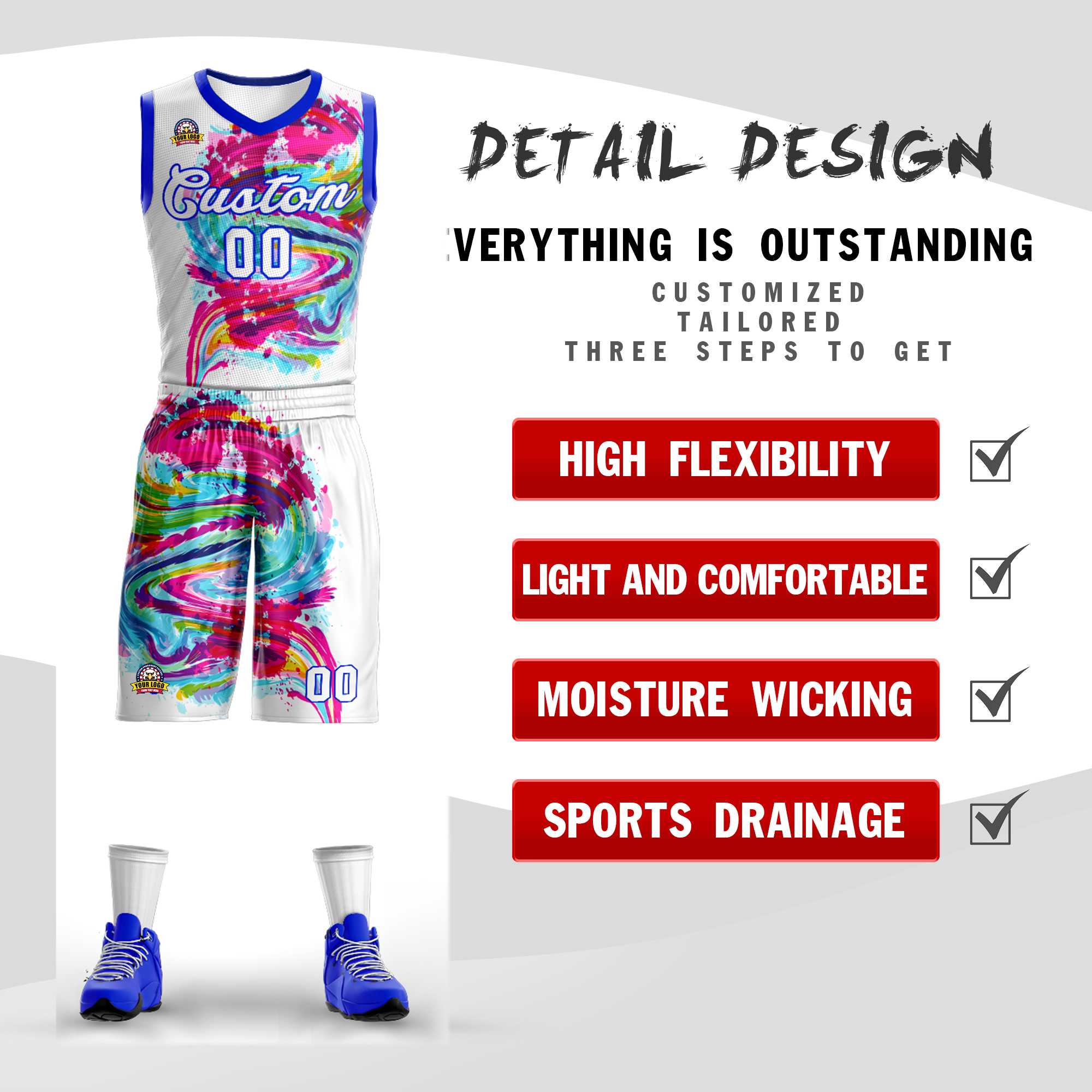 Custom White White-Royal Graffiti Pattern Kits Mesh Basketball Jersey