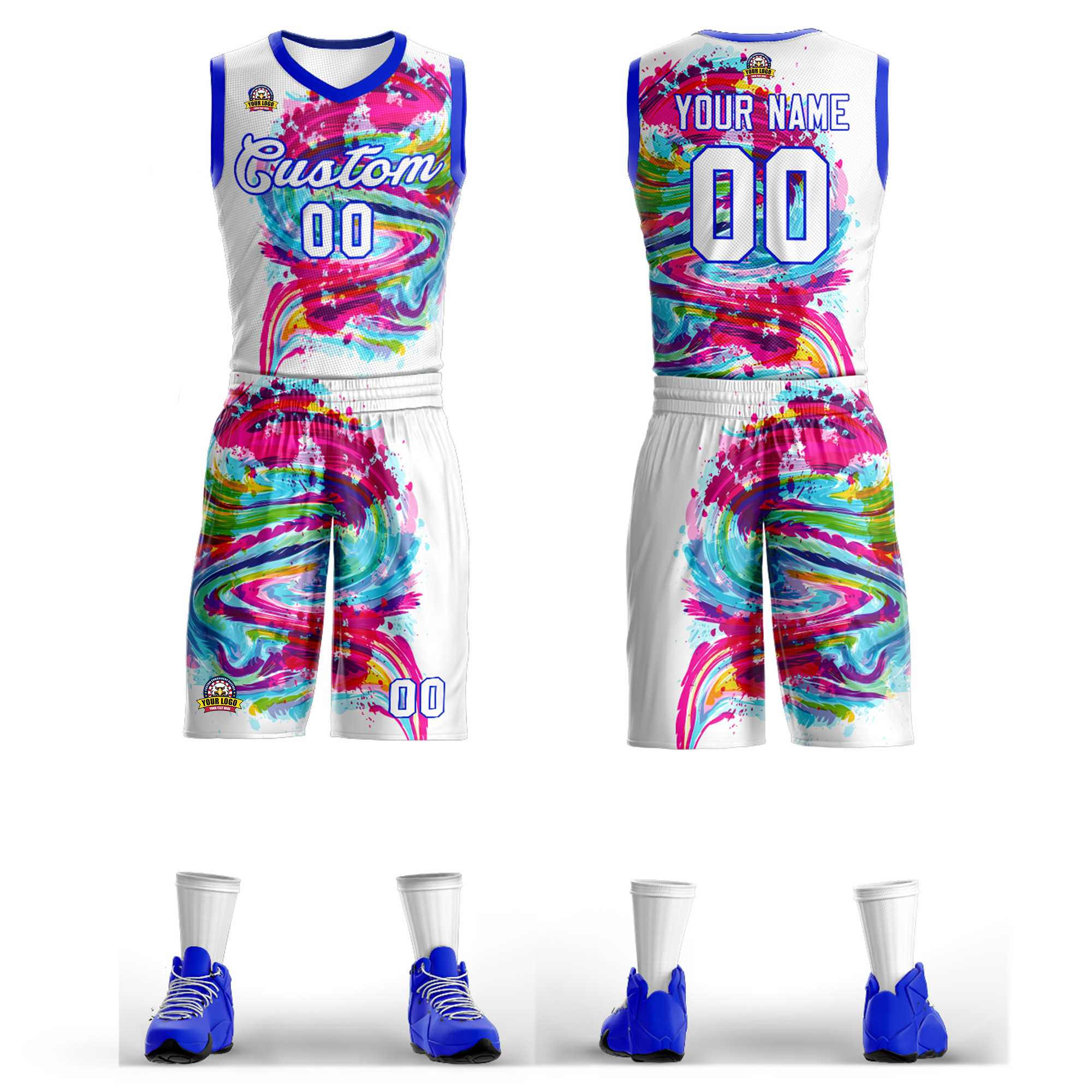 Custom White White-Royal Graffiti Pattern Kits Mesh Basketball Jersey