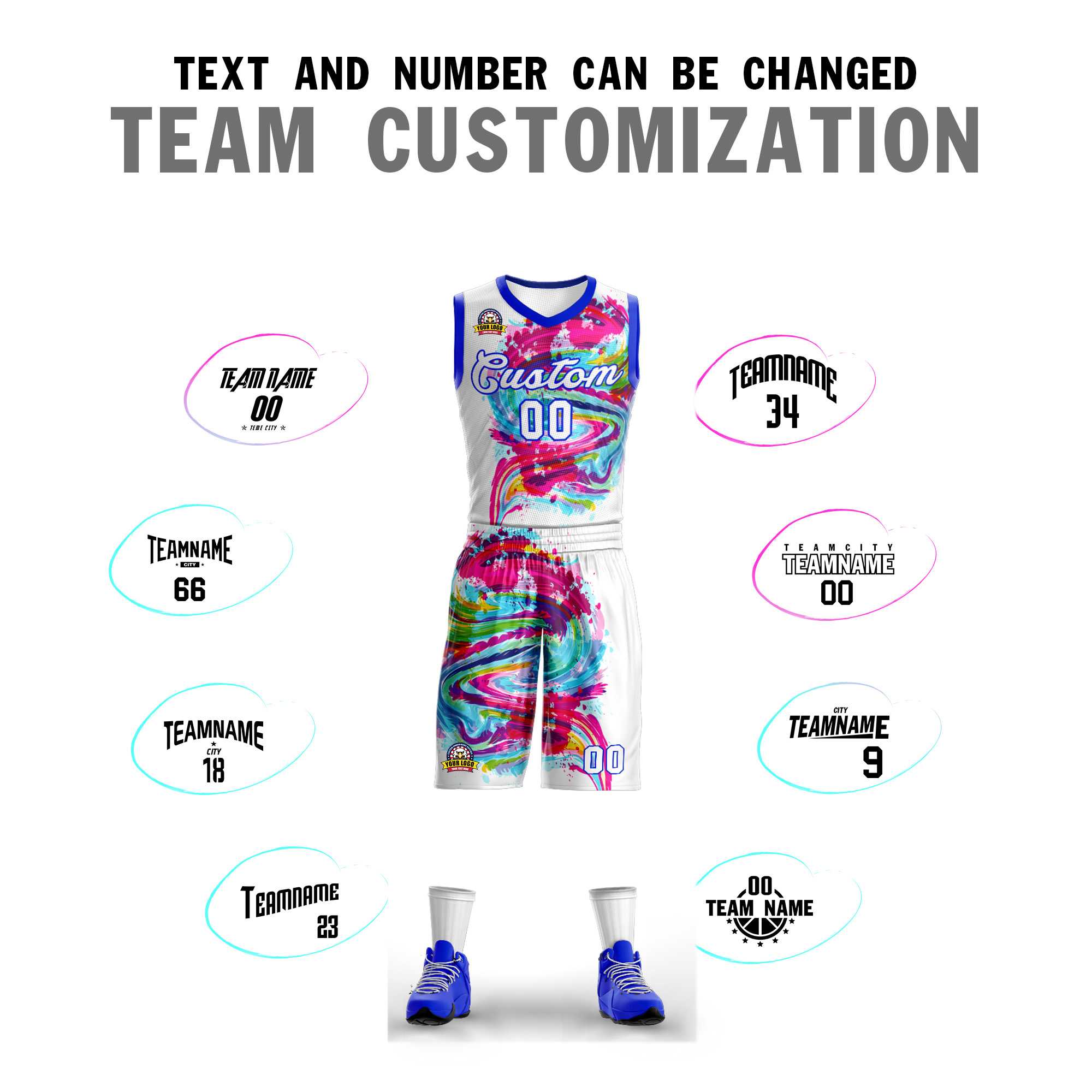Custom White White-Royal Graffiti Pattern Kits Mesh Basketball Jersey