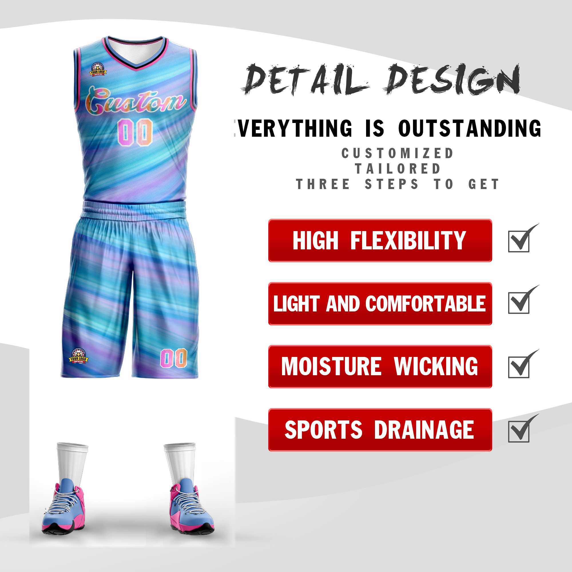 Custom Light Blue White Graffiti Pattern Kits Mesh Basketball Jersey