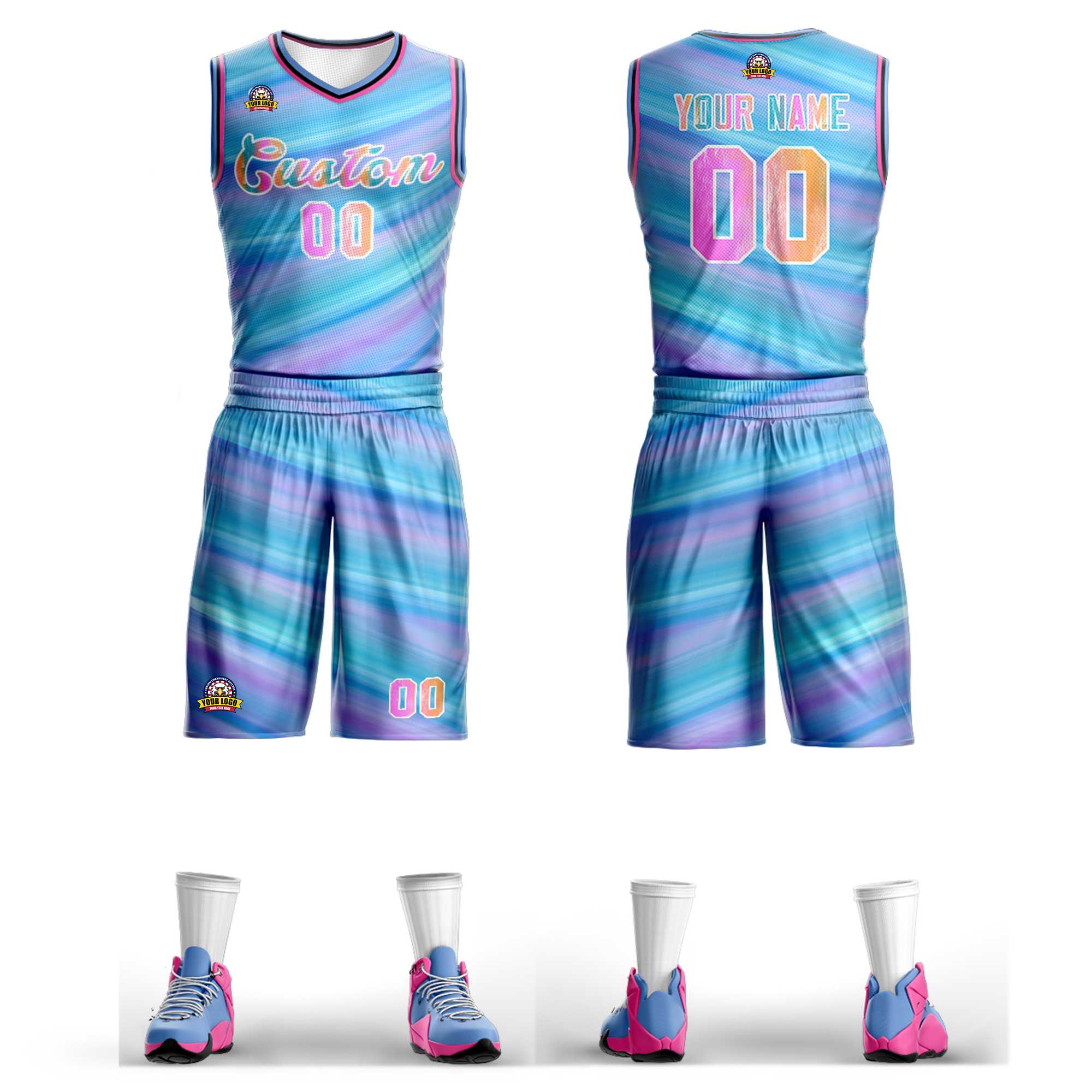Custom Light Blue White Graffiti Pattern Kits Mesh Basketball Jersey