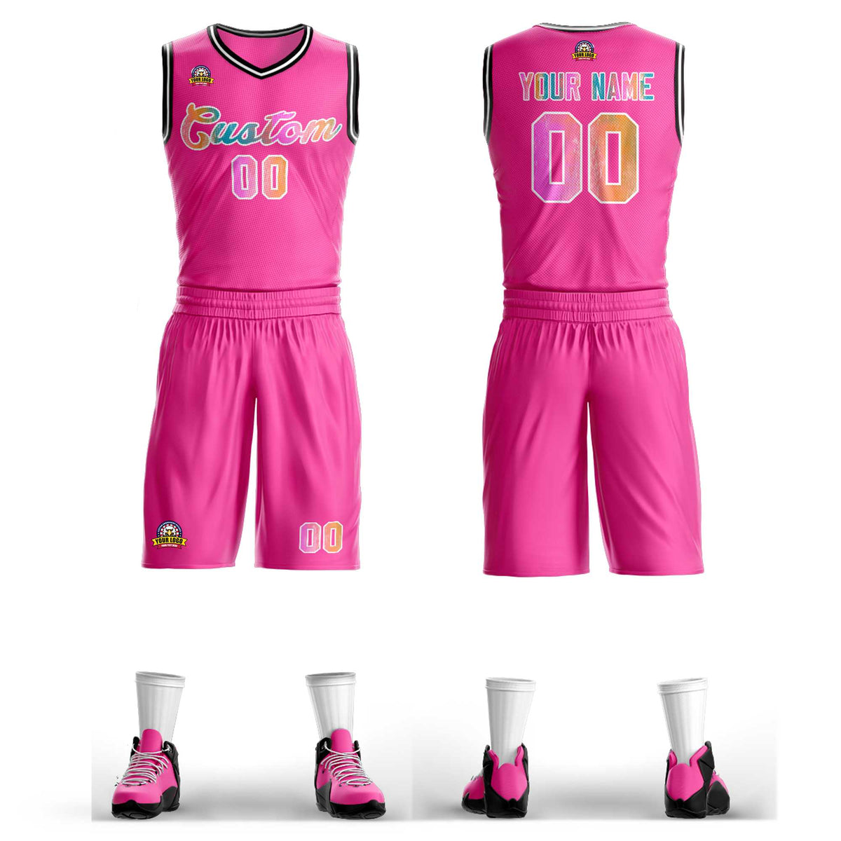 Custom Pink White Graffiti Pattern Kits Mesh Basketball Jersey