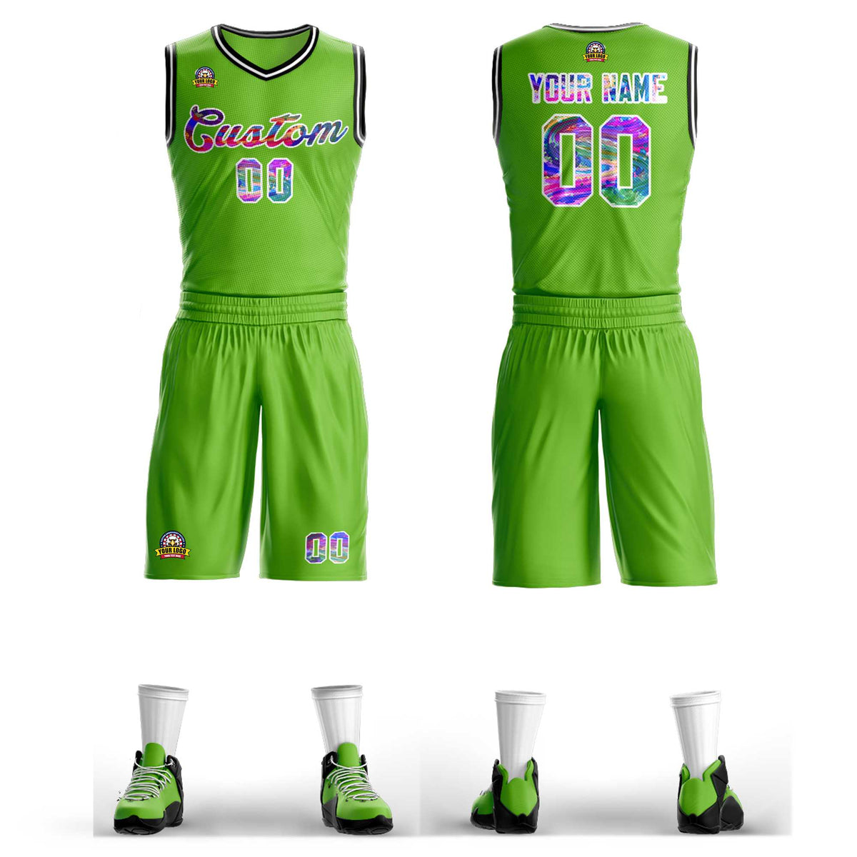 Custom Neon Green White Graffiti Pattern Kits Mesh Basketball Jersey
