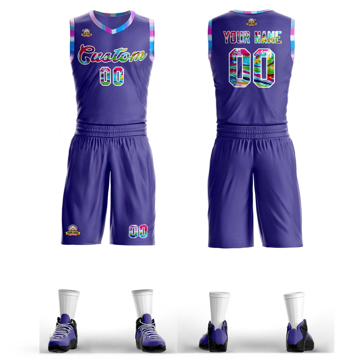Custom Purple White-Pink Graffiti Pattern Kits Mesh Basketball Jersey