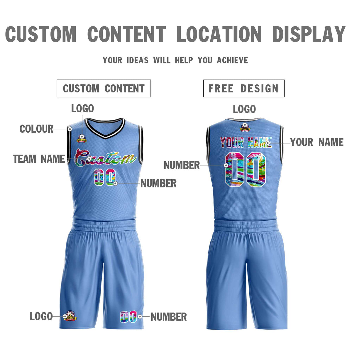 Benutzerdefinierte Hellblau Weiß Graffiti Muster Kits Mesh Basketball Jersey