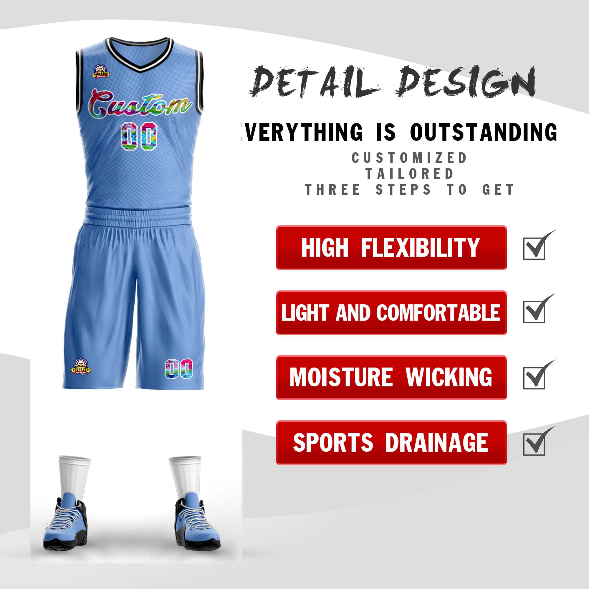 Custom Light Blue White Graffiti Pattern Kits Mesh Basketball Jersey