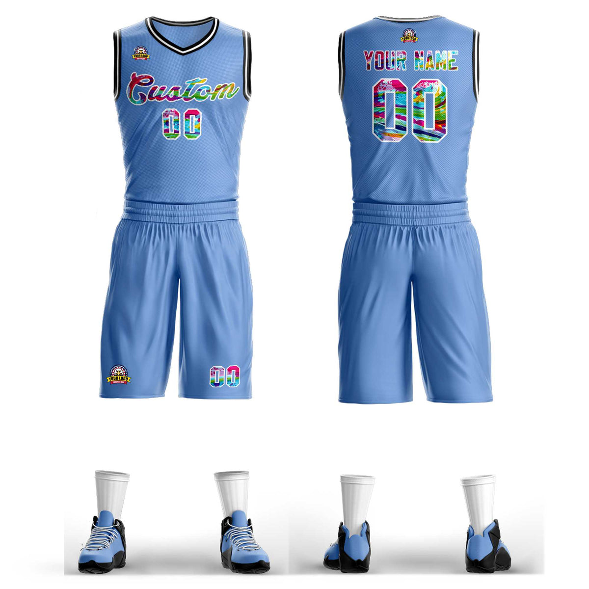 Benutzerdefinierte Hellblau Weiß Graffiti Muster Kits Mesh Basketball Jersey