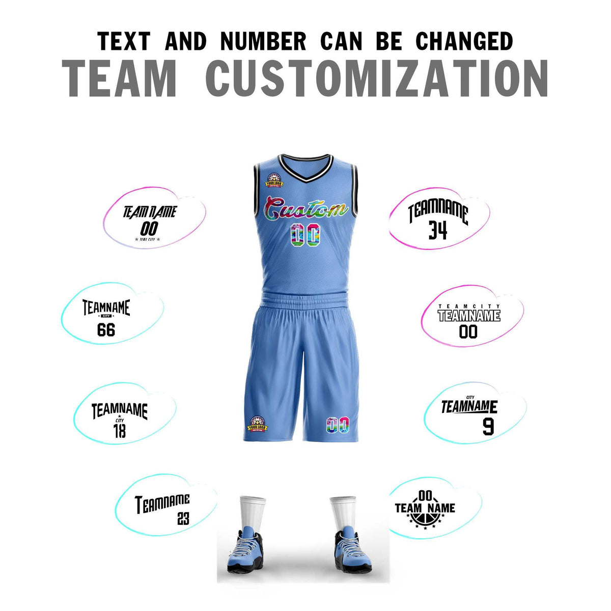 Benutzerdefinierte Hellblau Weiß Graffiti Muster Kits Mesh Basketball Jersey