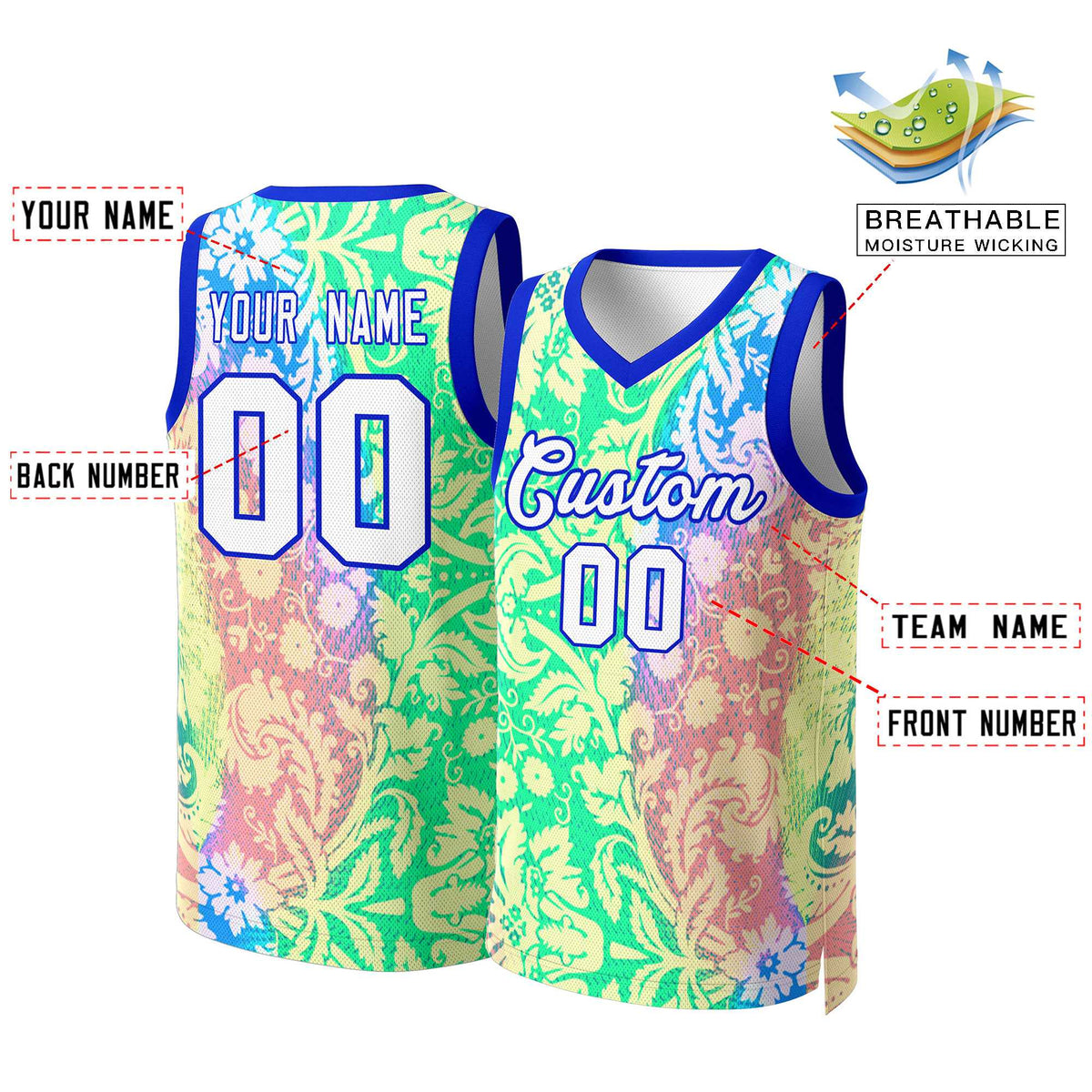 Benutzerdefinierte grün weiß-königlichen Graffiti Muster Tops Mesh Basketball Jersey