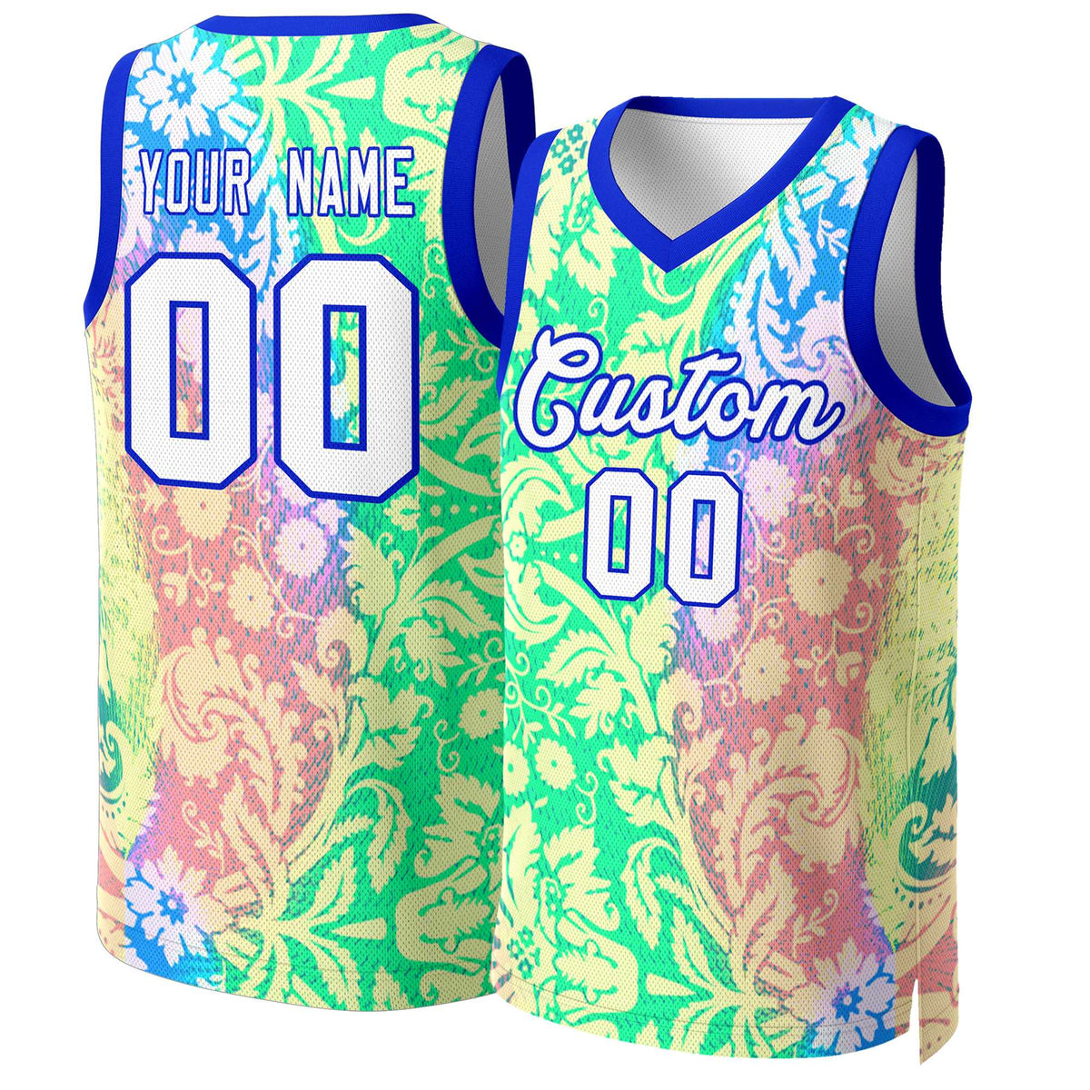 Benutzerdefinierte grün weiß-königlichen Graffiti Muster Tops Mesh Basketball Jersey