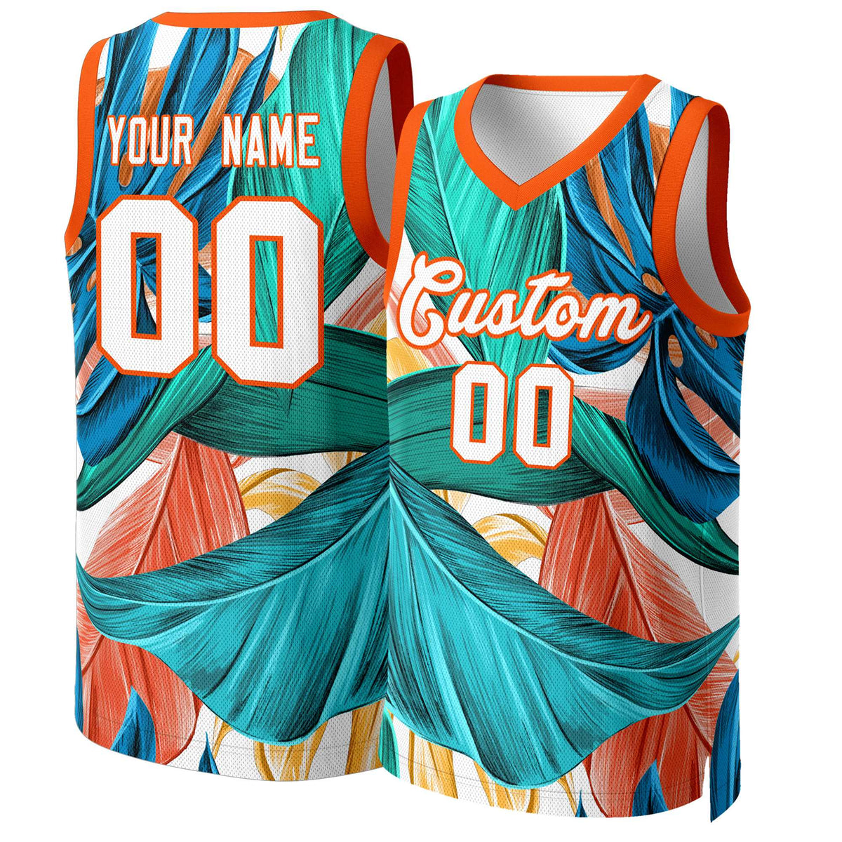 Benutzerdefinierte Grün Weiß-Orange Graffiti Muster Tops Mesh Basketball Jersey