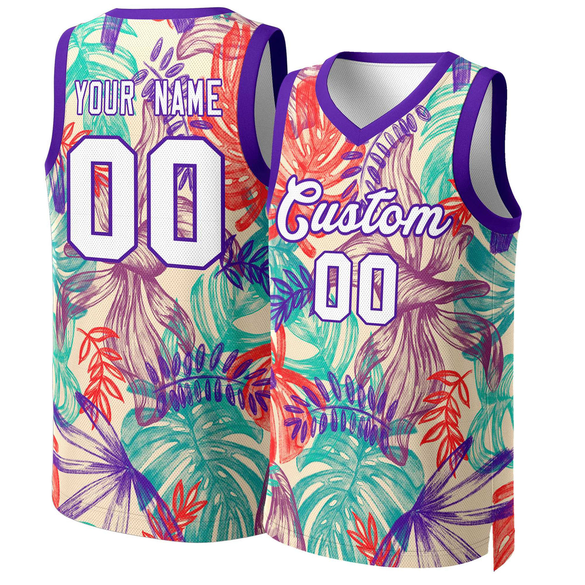 Benutzerdefinierte Grün Weiß-Lila Graffiti Muster Tops Mesh Basketball Jersey