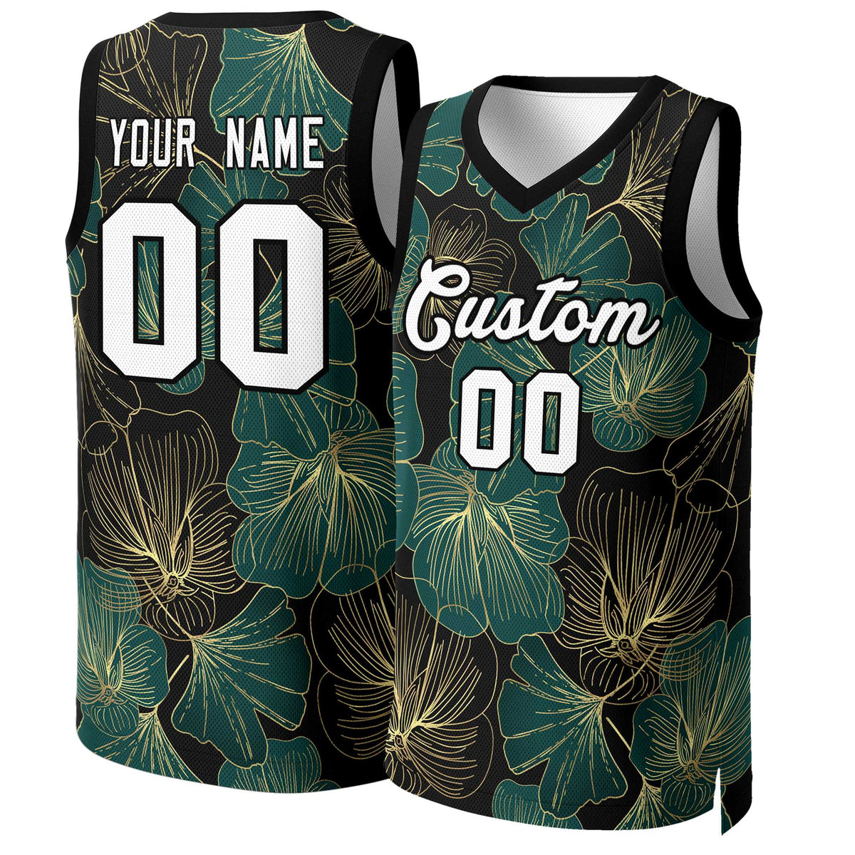 Benutzerdefinierte Grün Weiß-Schwarz Graffiti Muster Tops Mesh Basketball Jersey