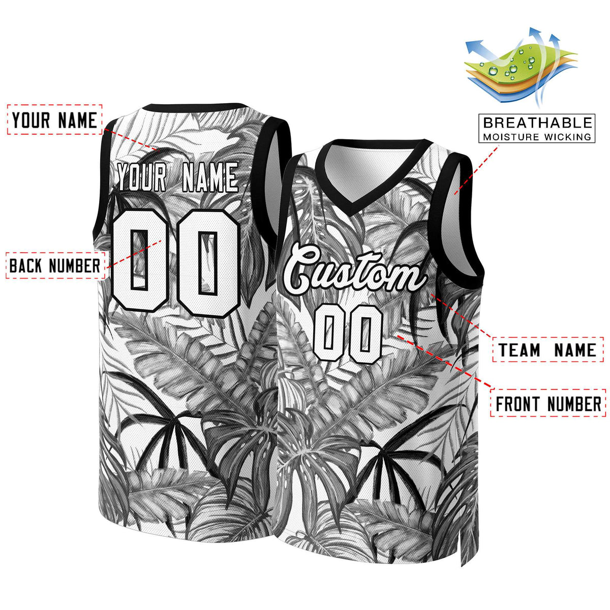 Benutzerdefinierte schwarz weiß-schwarz Graffiti Muster Tops Mesh Basketball Jersey