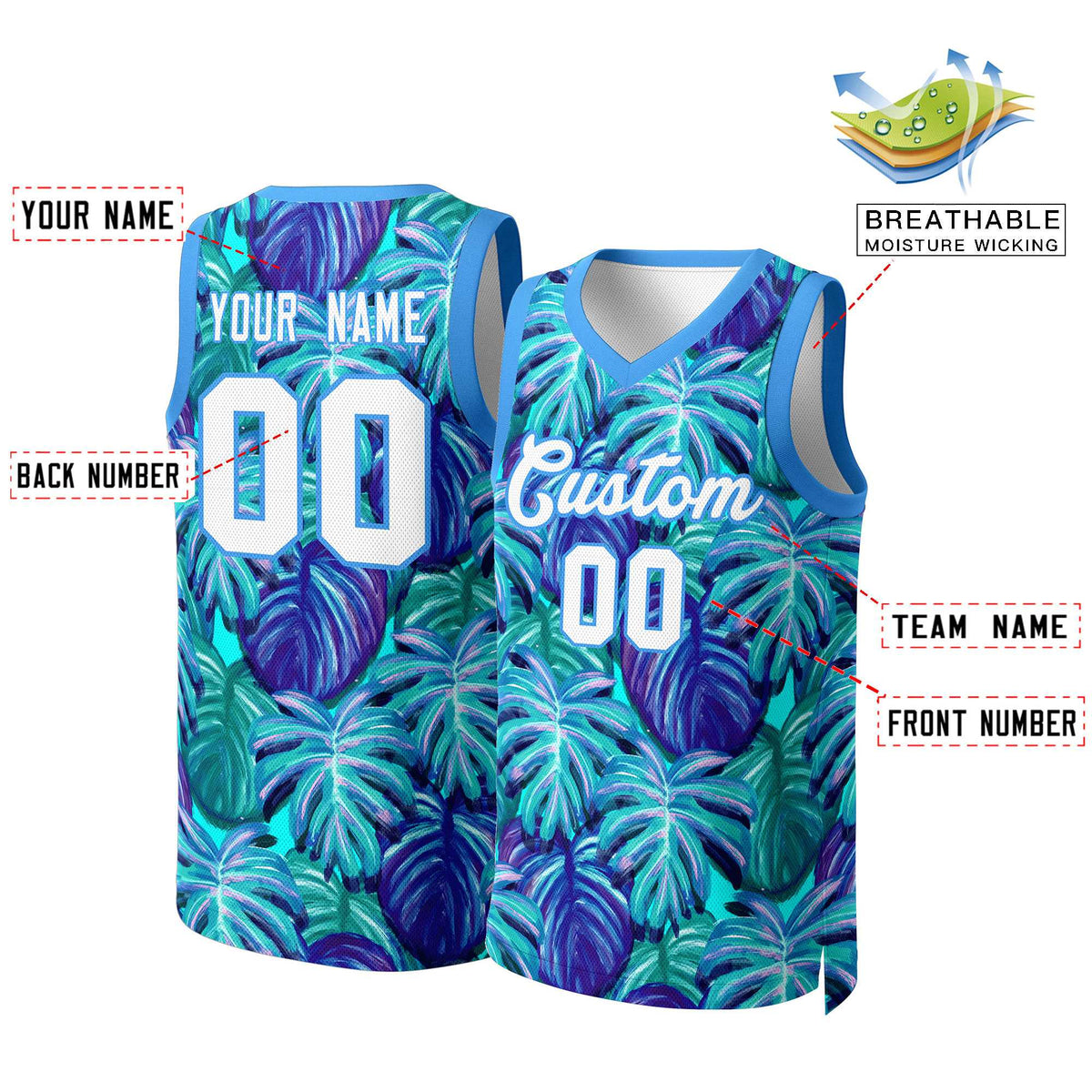 Benutzerdefinierte blau weiß-puderblau Graffiti Muster Tops Mesh Basketball Jersey