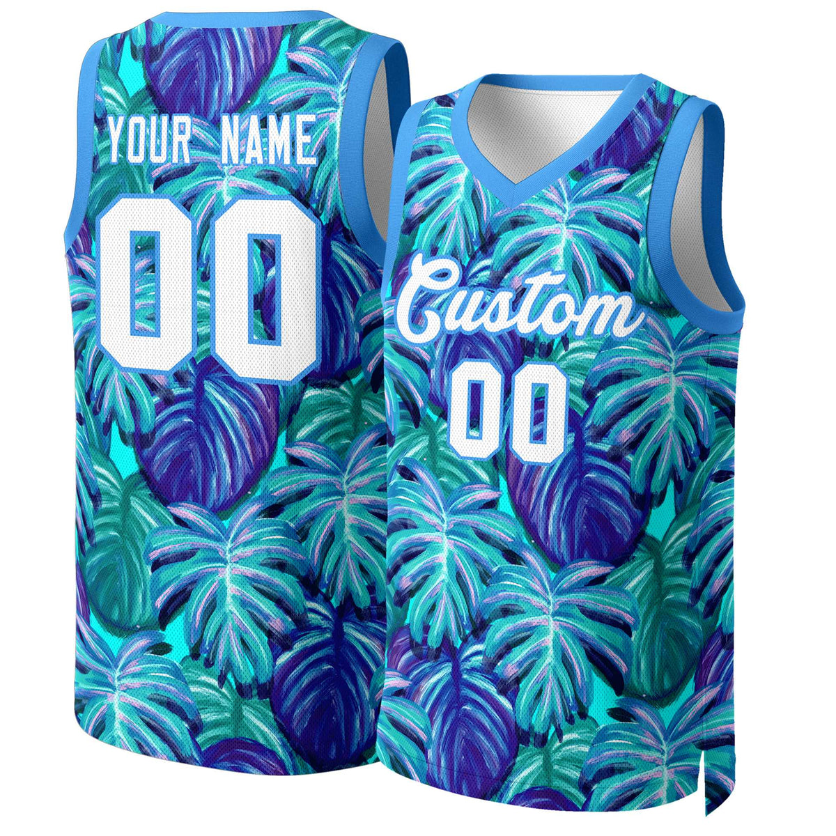 Benutzerdefinierte blau weiß-puderblau Graffiti Muster Tops Mesh Basketball Jersey