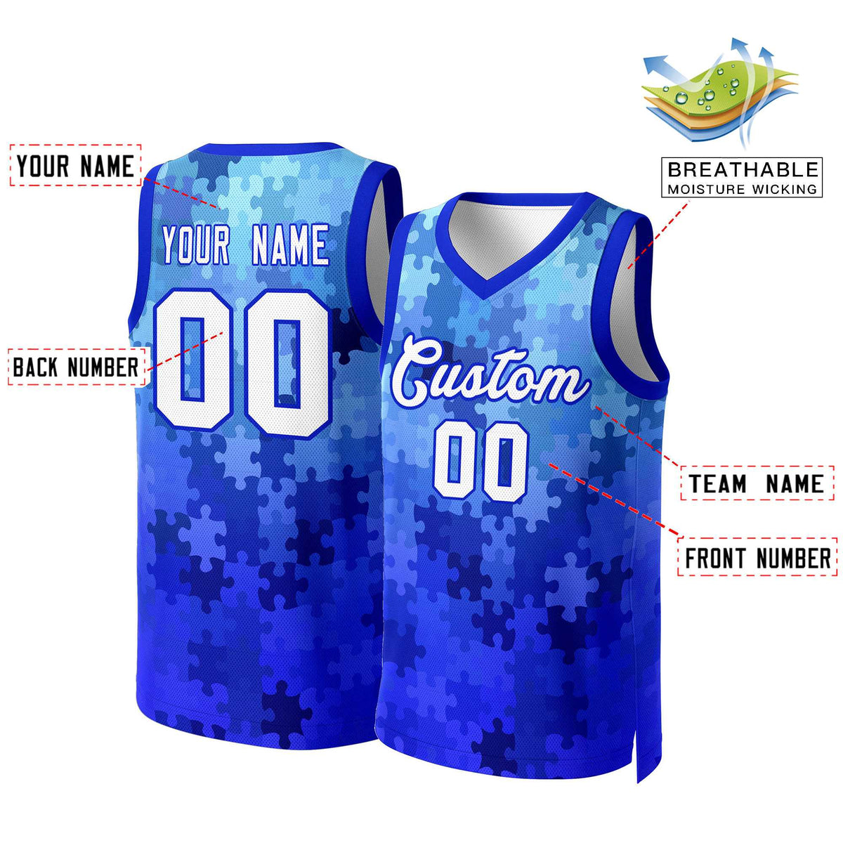 Benutzerdefinierte Royal Weiß-Royal Graffiti Muster Tops Mesh Basketball Jersey