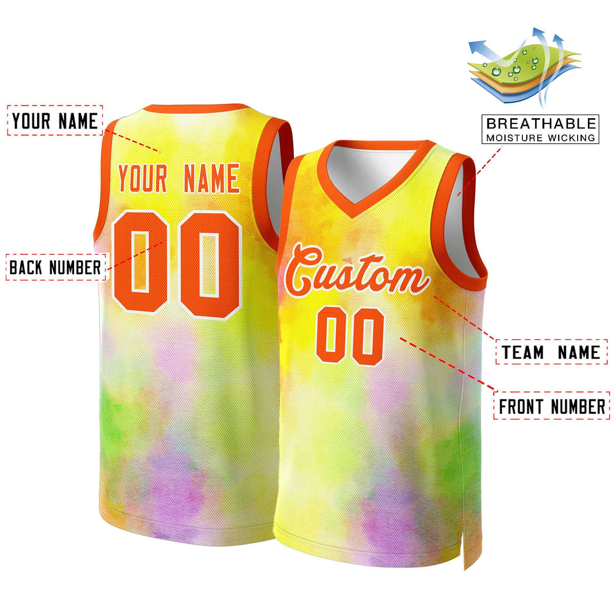 Benutzerdefinierte Gelb Orange-Weiß Graffiti Muster Tops Mesh Basketball Jersey