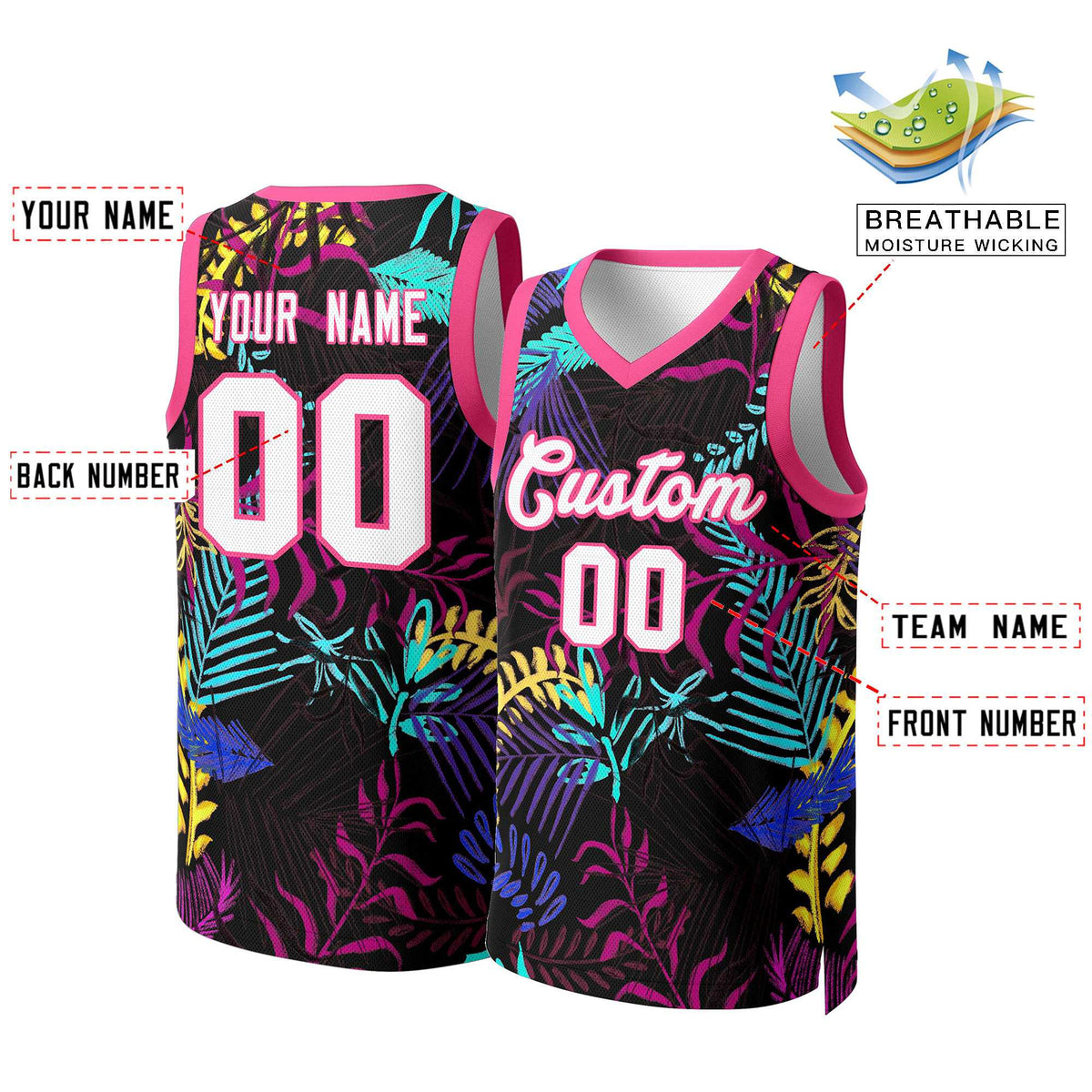 Benutzerdefinierte schwarz weiß-rosa Graffiti Muster Tops Mesh Basketball Jersey