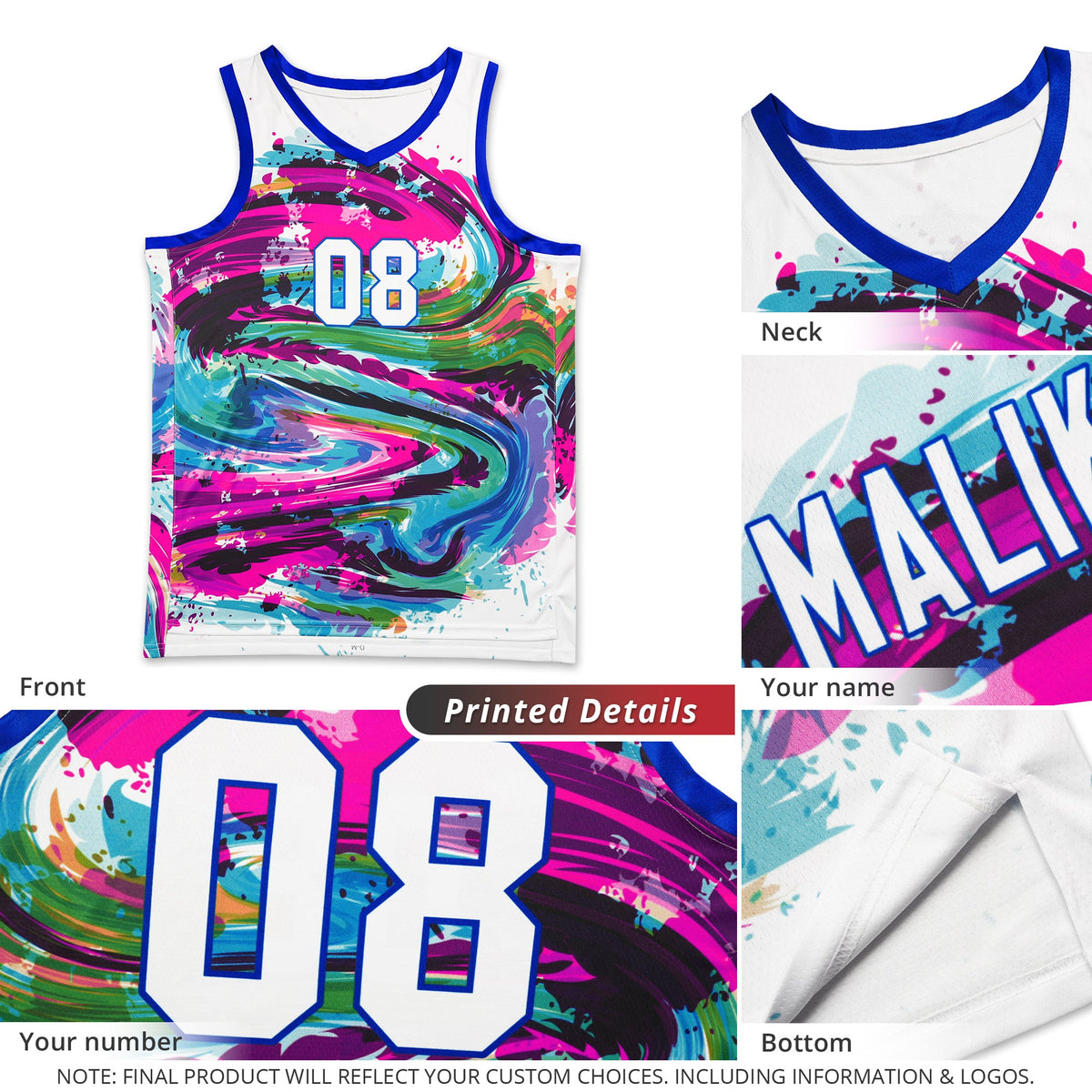 Benutzerdefinierte weiß weiß-königliche Graffiti Muster Tops Mesh Basketball Jersey