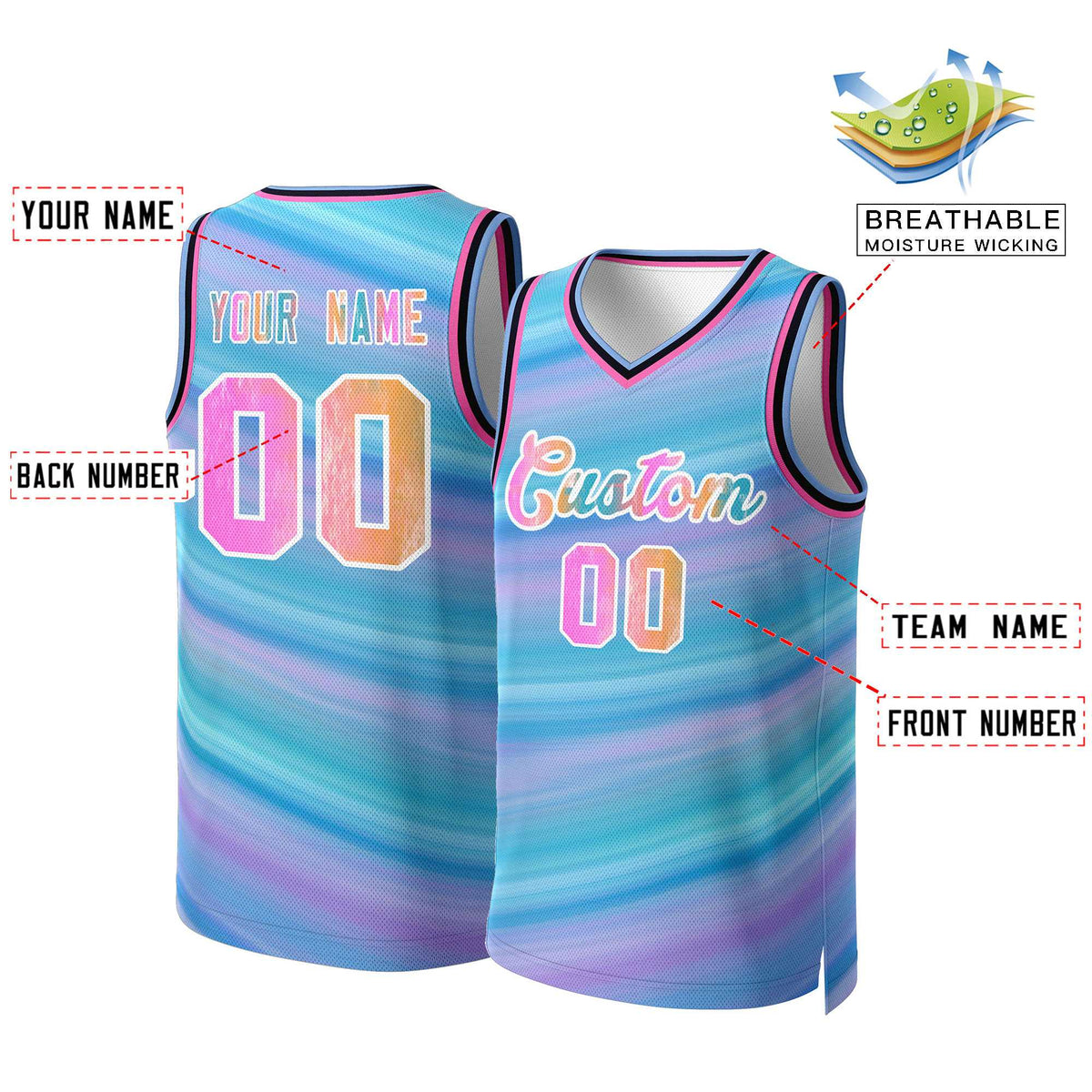 Benutzerdefinierte Hellblau Graffiti-Weiß Graffiti Muster Tops Mesh Basketball Jersey